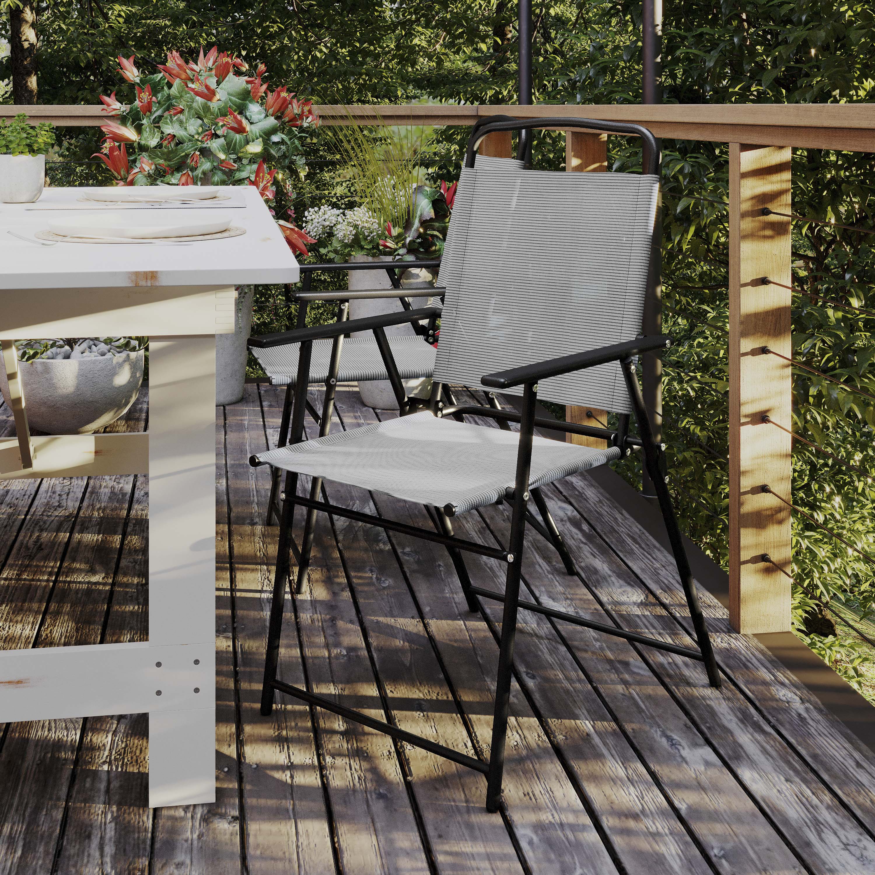 Set of 2 Mystic Folding Patio Sling Chairs, Outdoor Textilene Lawn Chairs with Armrests in Gray