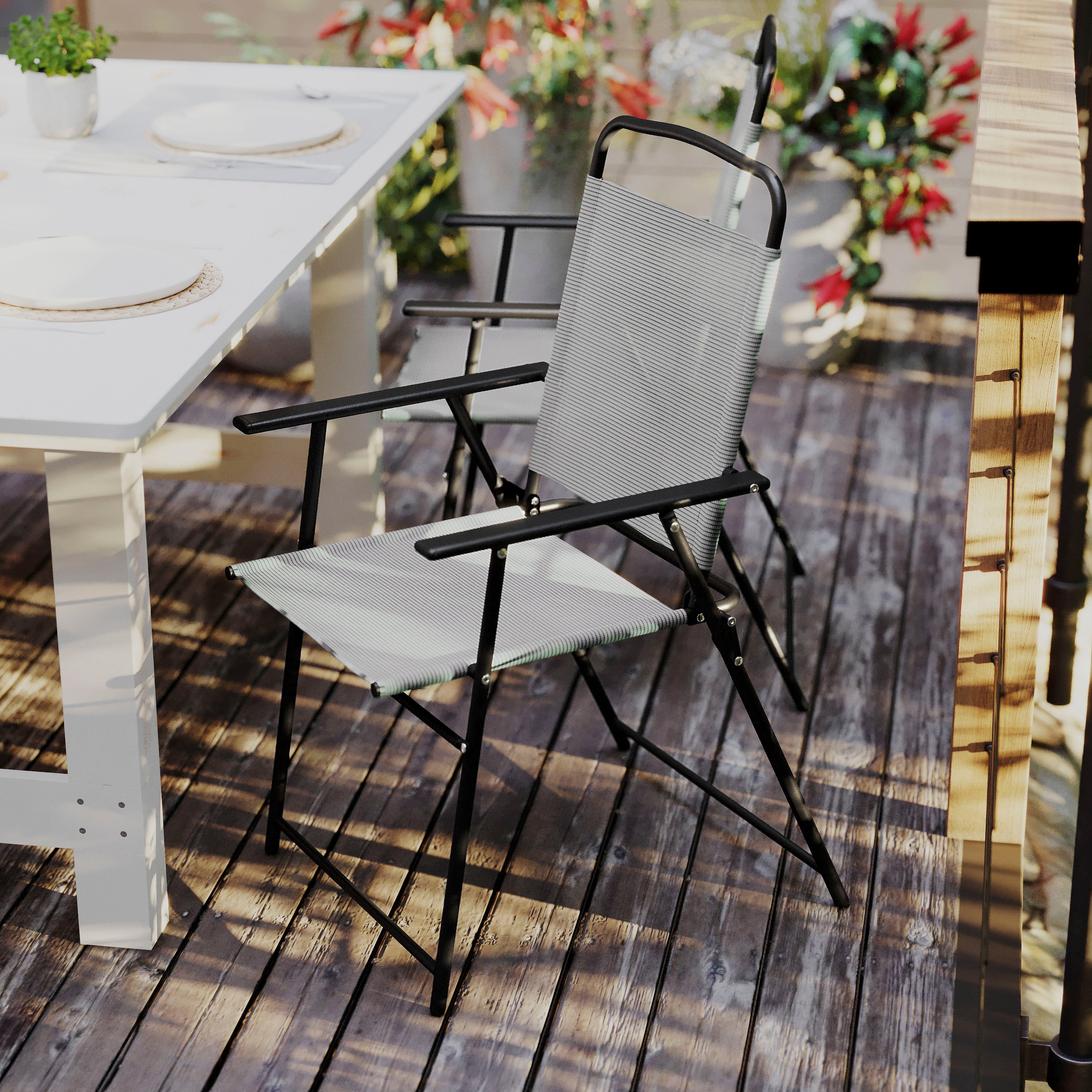 Set of 2 Mystic Folding Patio Sling Chairs, Outdoor Textilene Lawn Chairs with Armrests in Gray