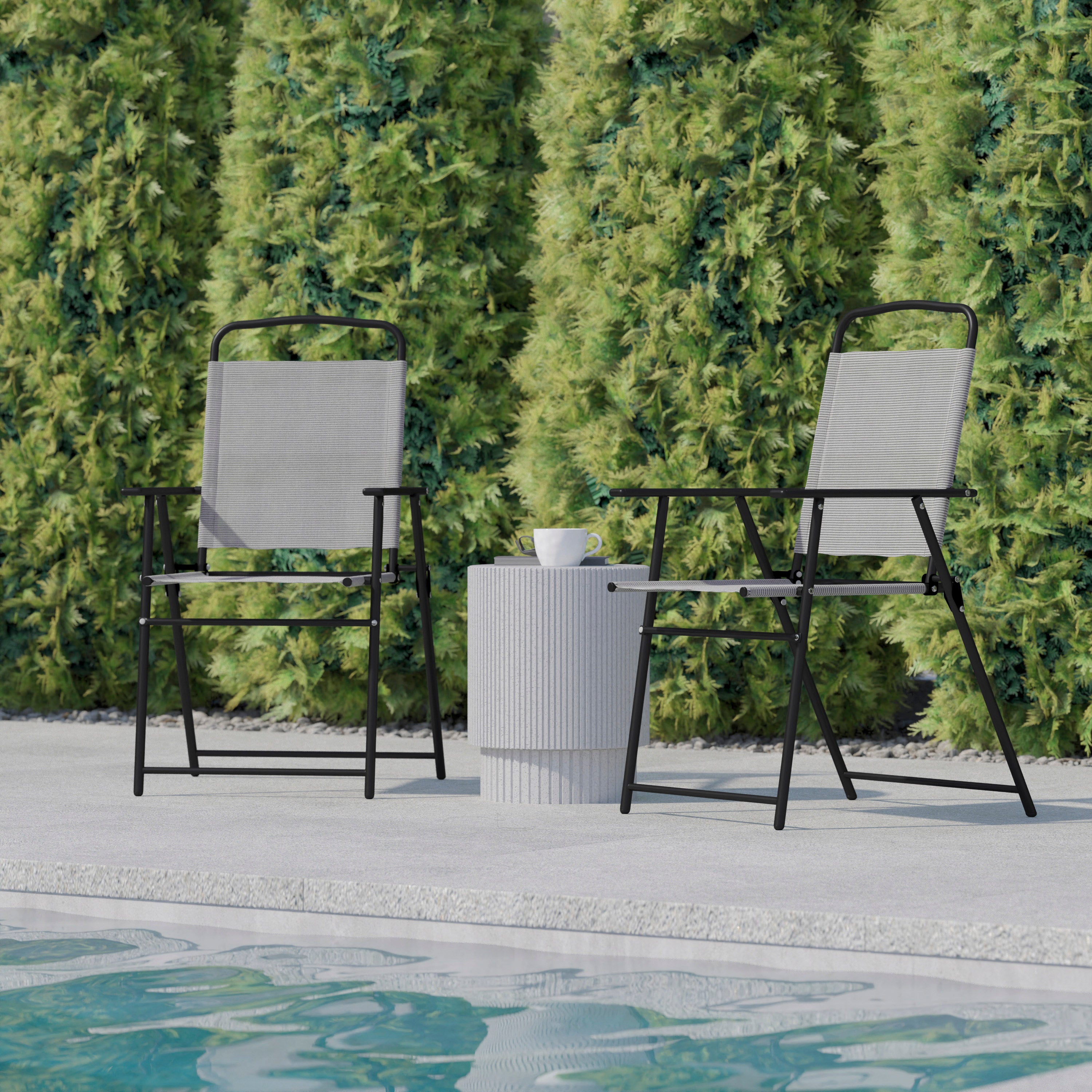 Set of 2 Mystic Folding Patio Sling Chairs, Outdoor Textilene Lawn Chairs with Armrests in Gray