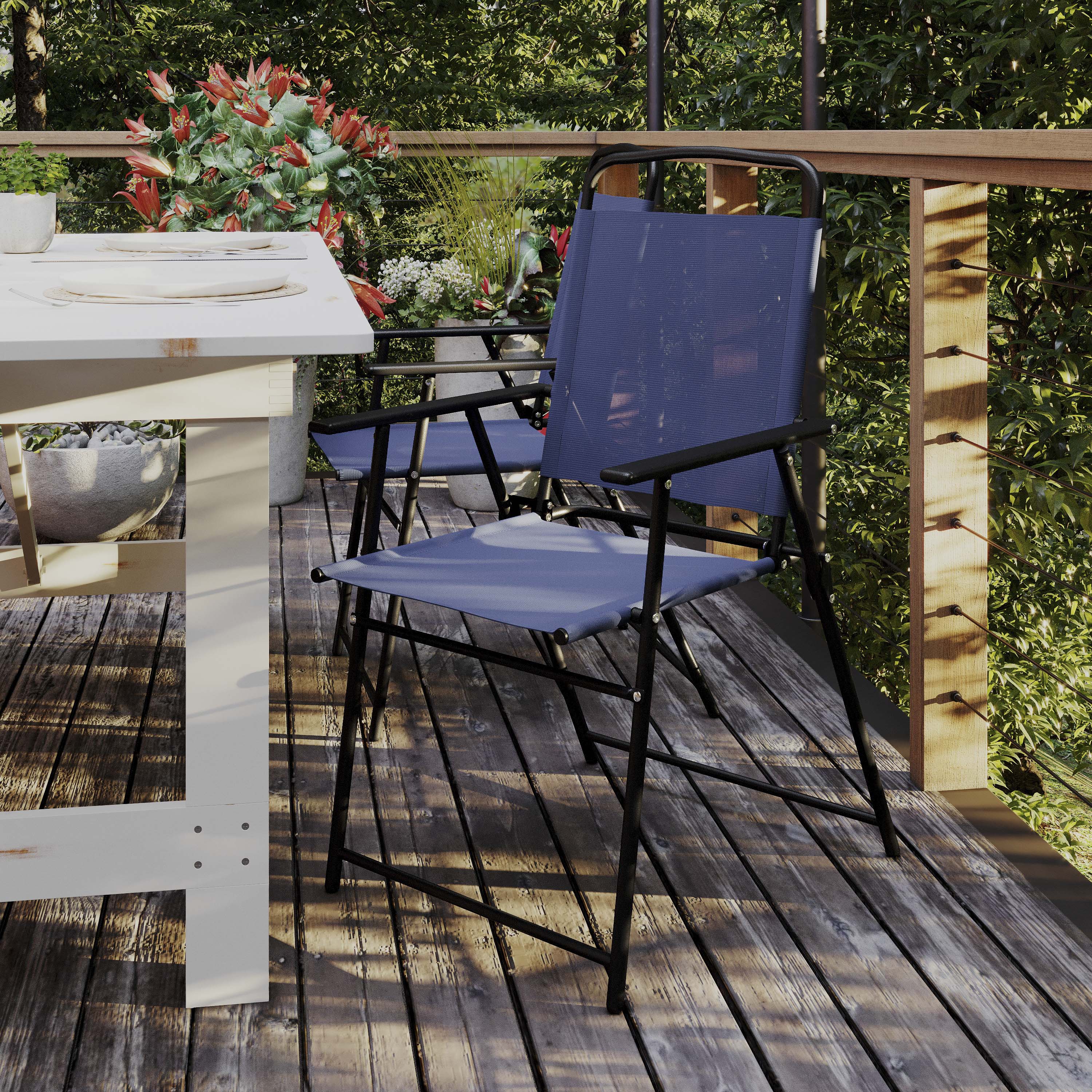 Set of 2 Mystic Folding Patio Sling Chairs, Outdoor Textilene Lawn Chairs with Armrests in Navy