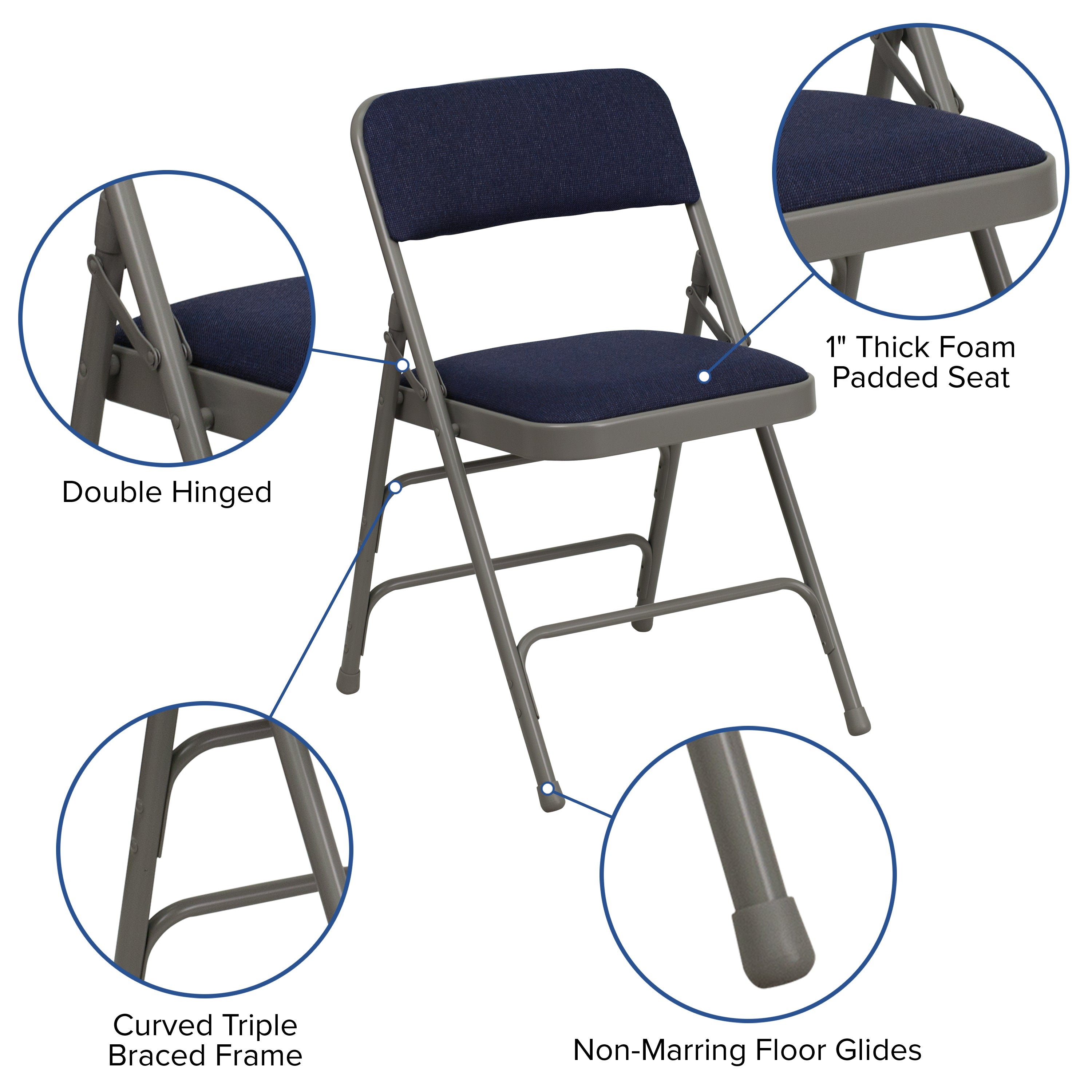 2 Pack HERCULES Series Curved Triple Braced & Double Hinged Navy Fabric Metal Folding Chair