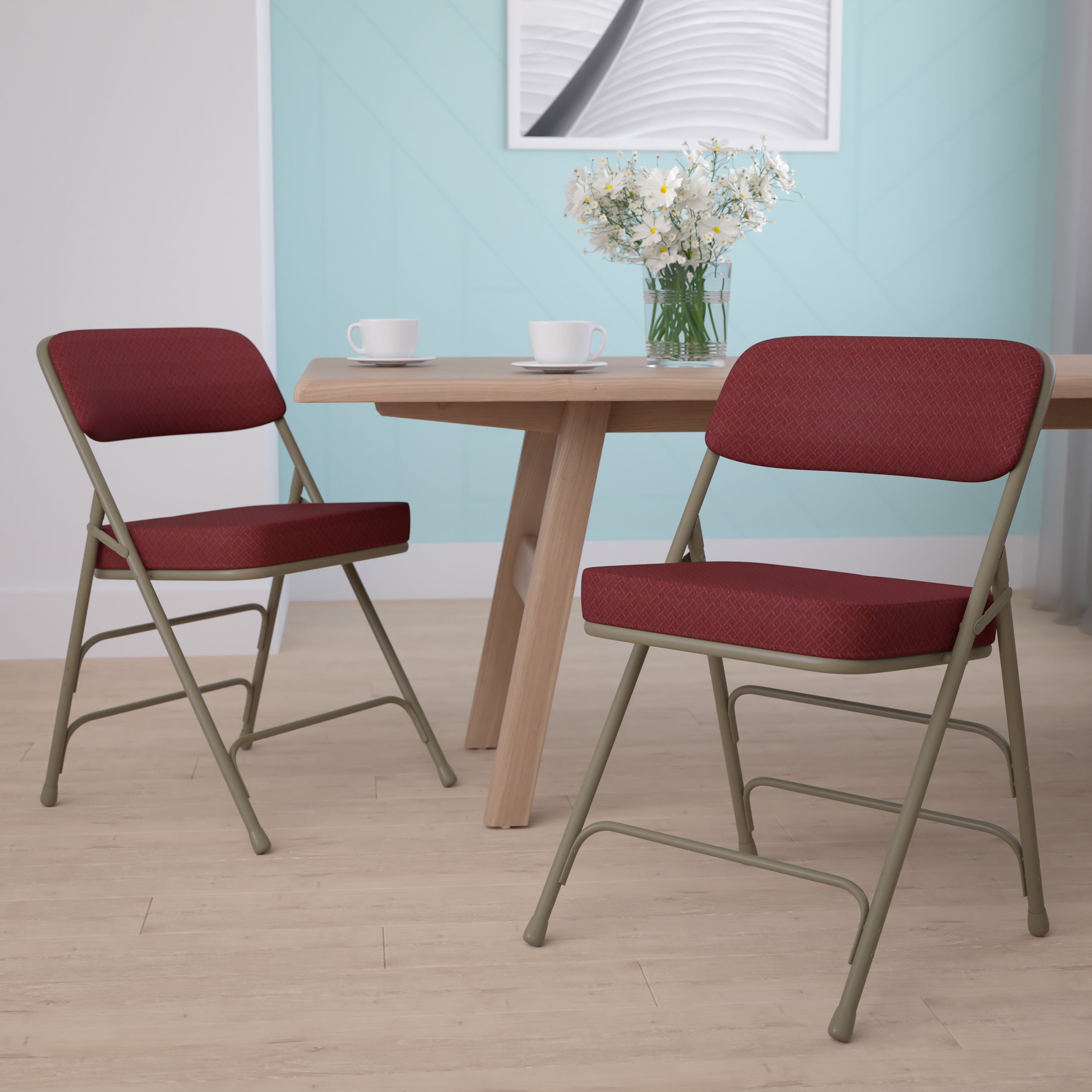 2 Pack HERCULES Series Premium Curved Triple Braced & Double Hinged Burgundy Fabric Metal Folding Chair
