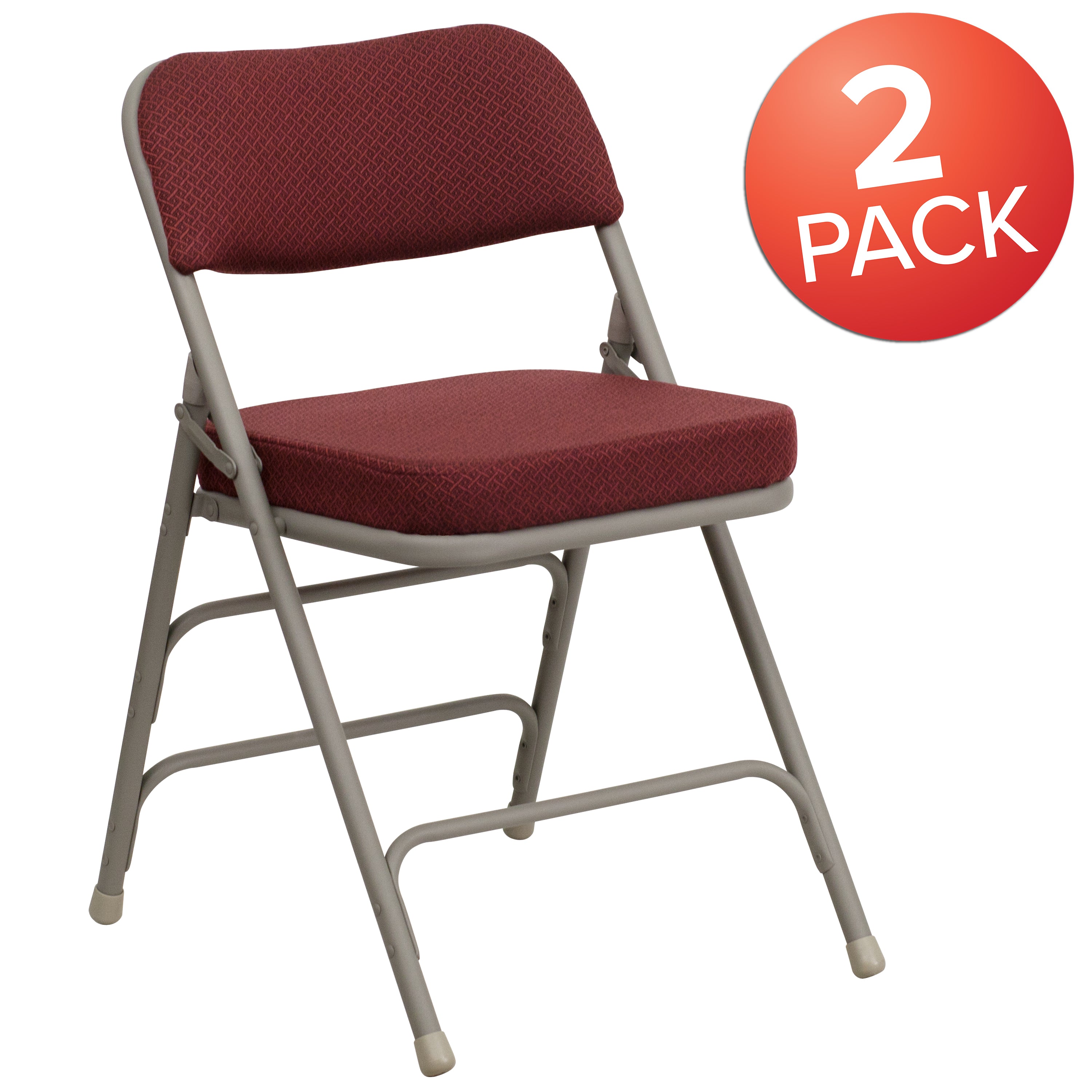 2 Pack HERCULES Series Premium Curved Triple Braced & Double Hinged Burgundy Fabric Metal Folding Chair