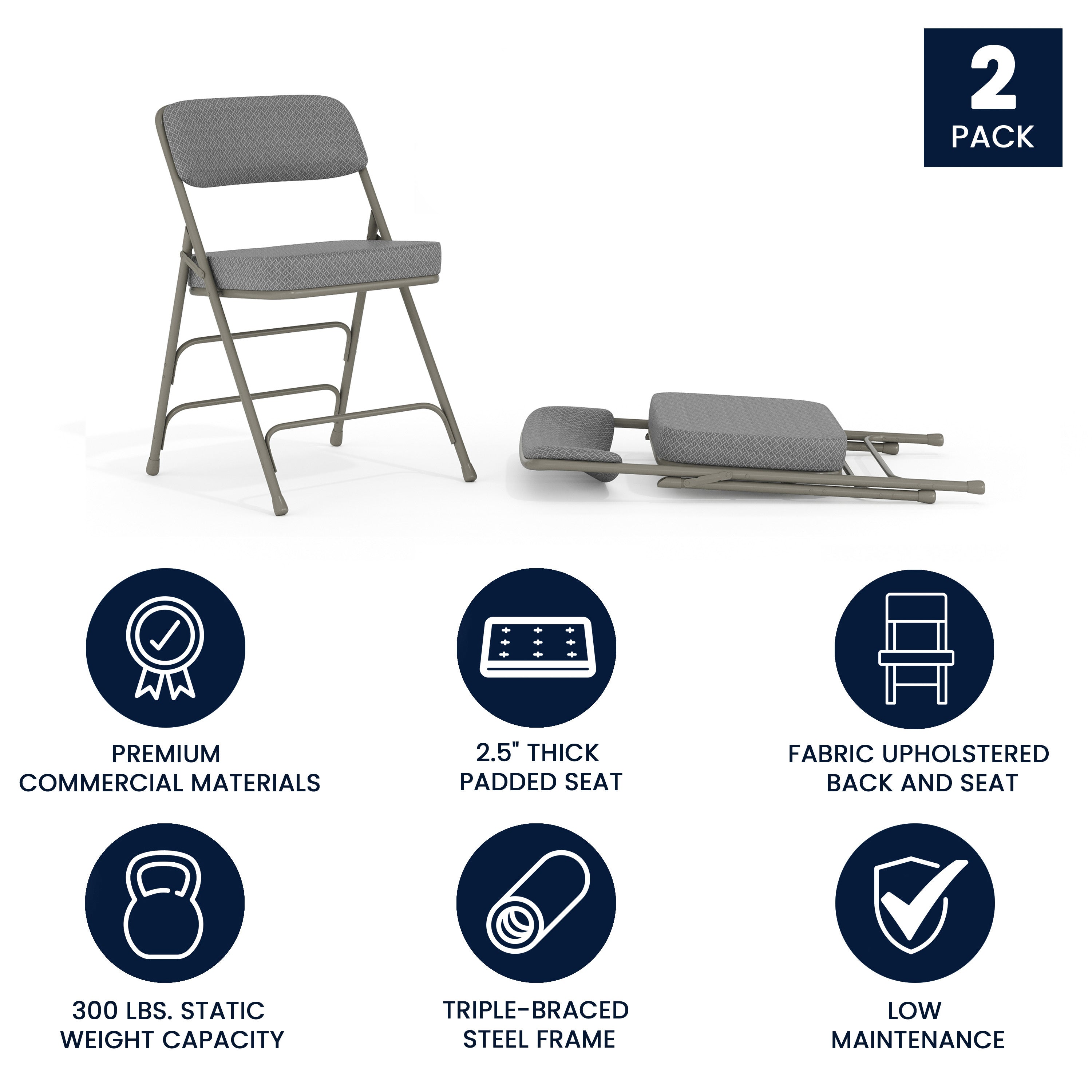 2 Pack HERCULES Series Premium Curved Triple Braced & Double Hinged Gray Fabric Metal Folding Chair