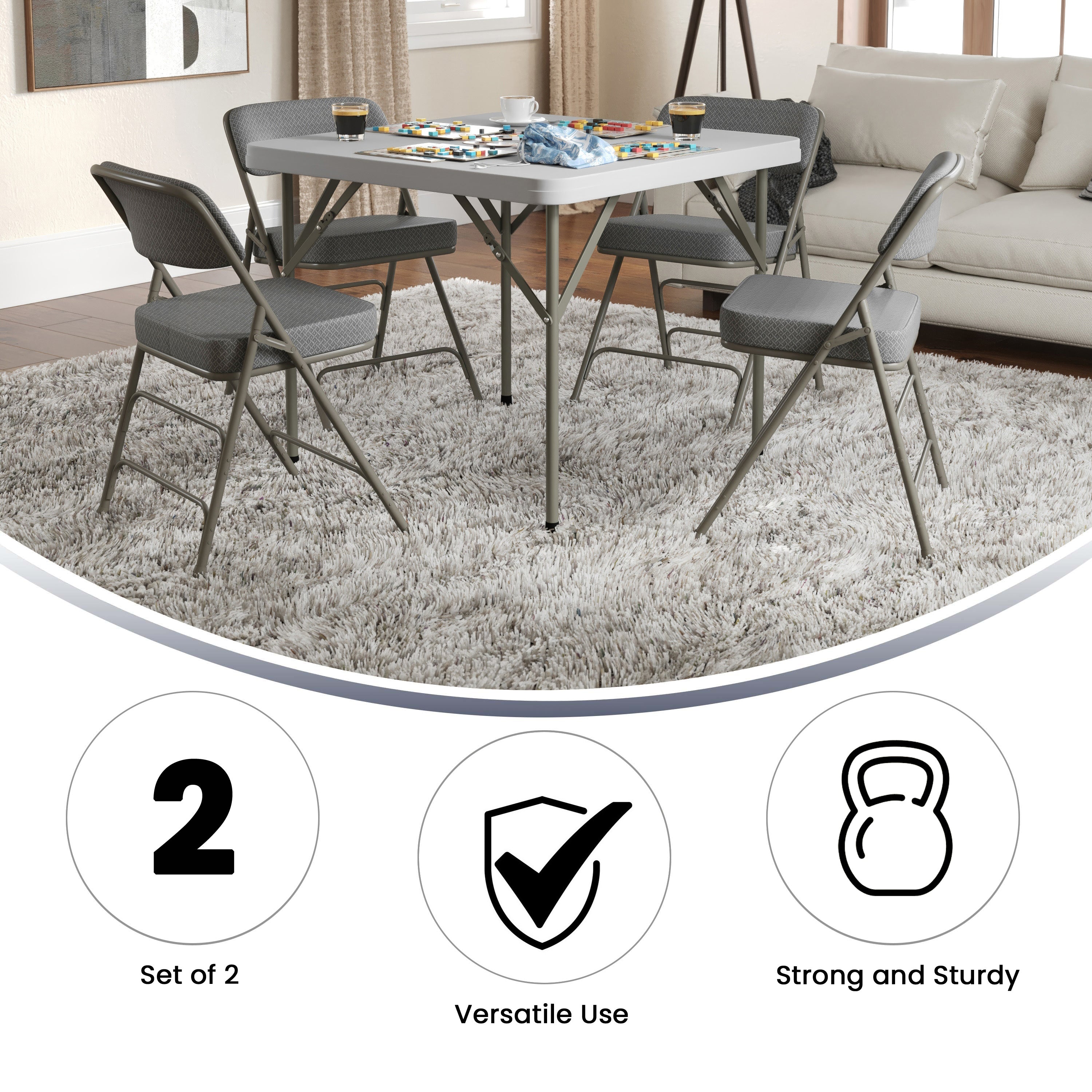 2 Pack HERCULES Series Premium Curved Triple Braced & Double Hinged Gray Fabric Metal Folding Chair