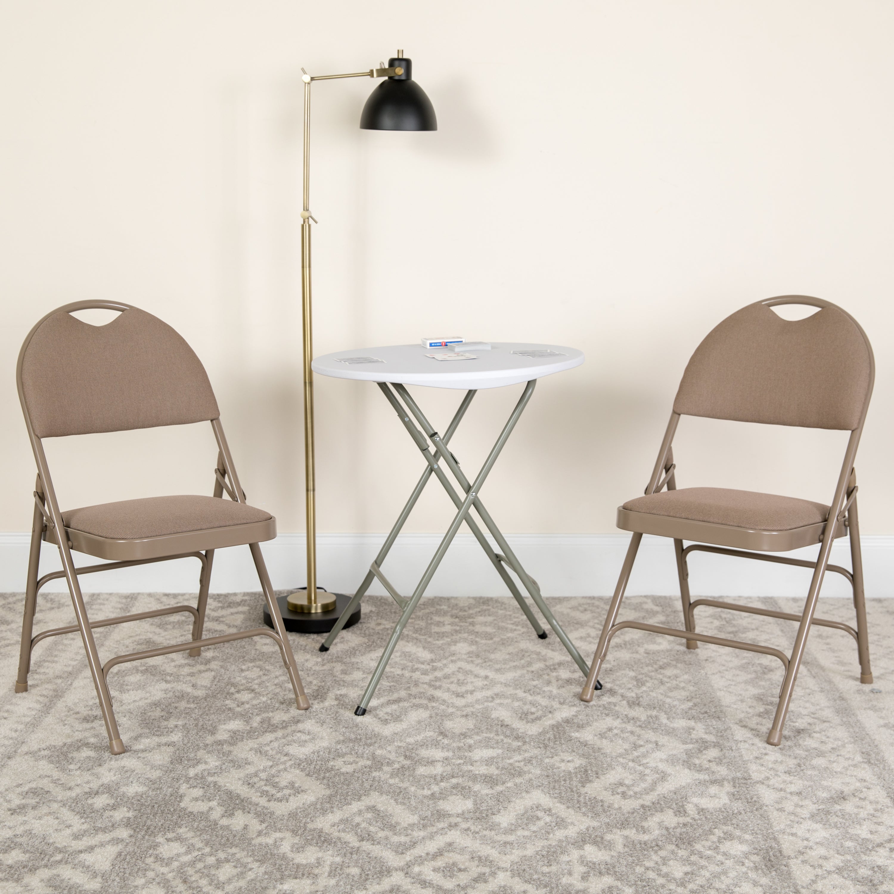 2 Pack HERCULES Series Ultra-Premium Triple Braced Beige Fabric Metal Folding Chair with Easy-Carry Handle