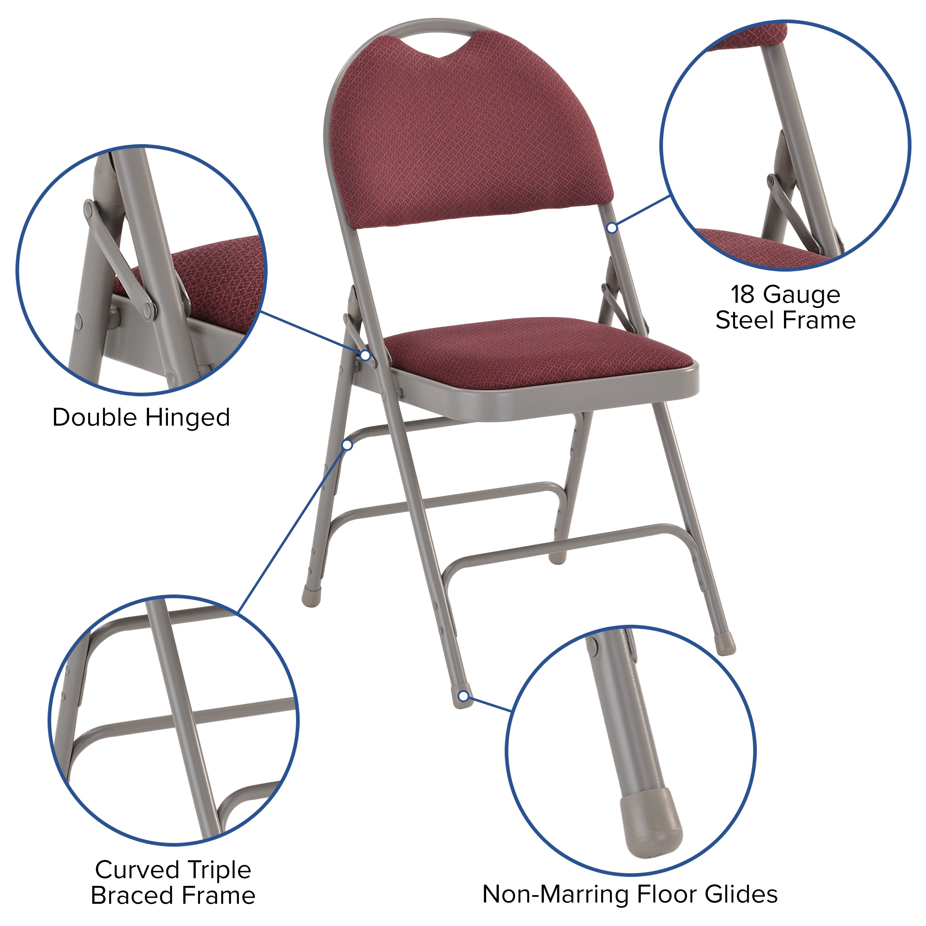 2 Pack HERCULES Series Ultra-Premium Triple Braced Burgundy Fabric Metal Folding Chair with Easy-Carry Handle