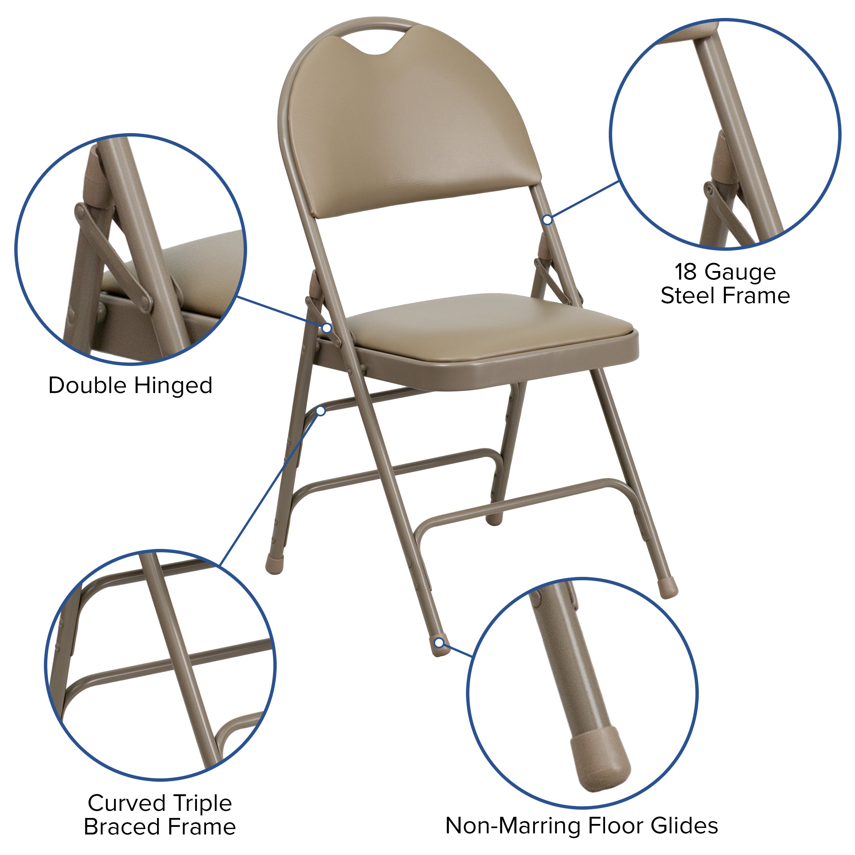 2 Pack HERCULES Series Ultra-Premium Triple Braced Beige Vinyl Metal Folding Chair with Easy-Carry Handle