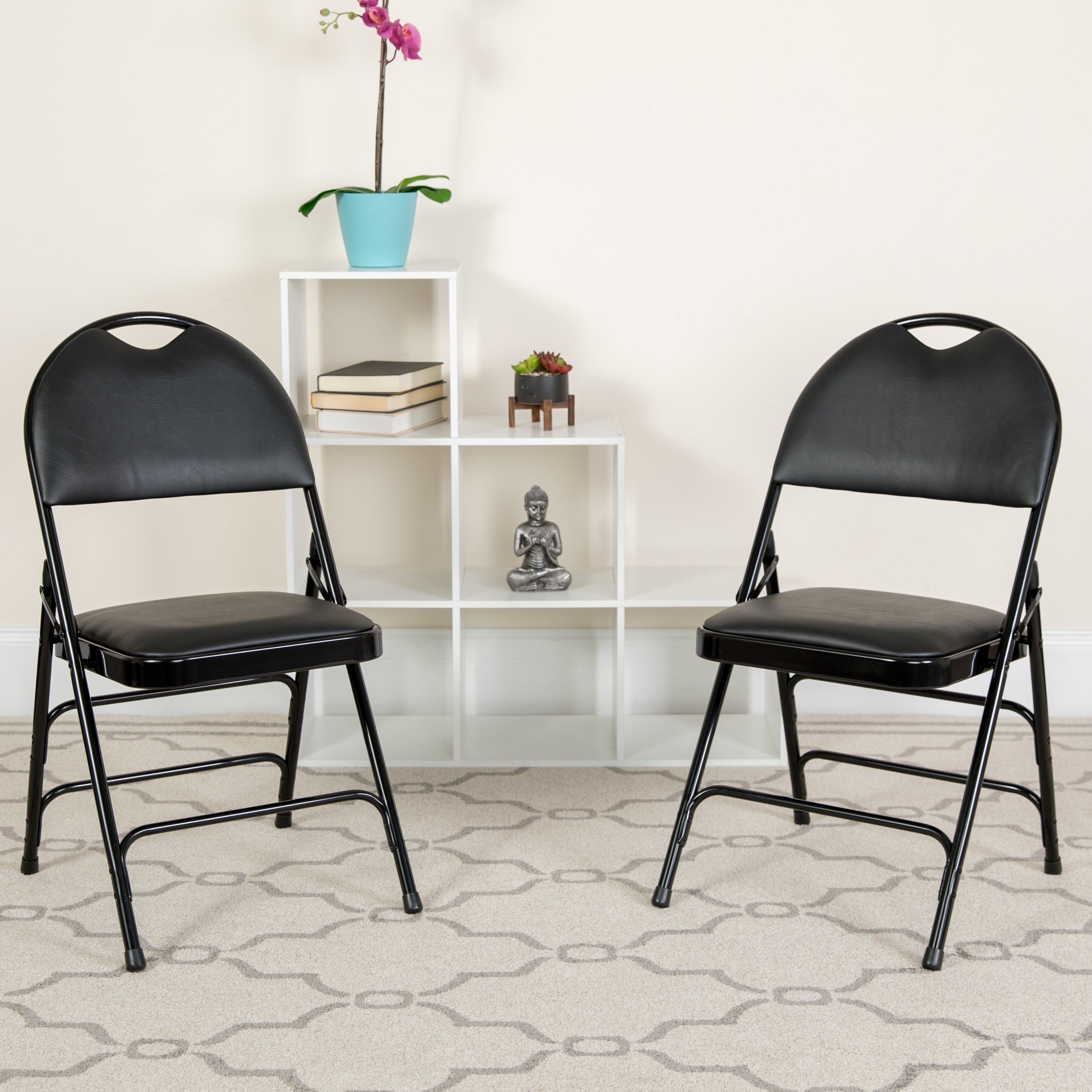 2 Pack HERCULES Series Ultra-Premium Triple Braced Black Vinyl Metal Folding Chair with Easy-Carry Handle
