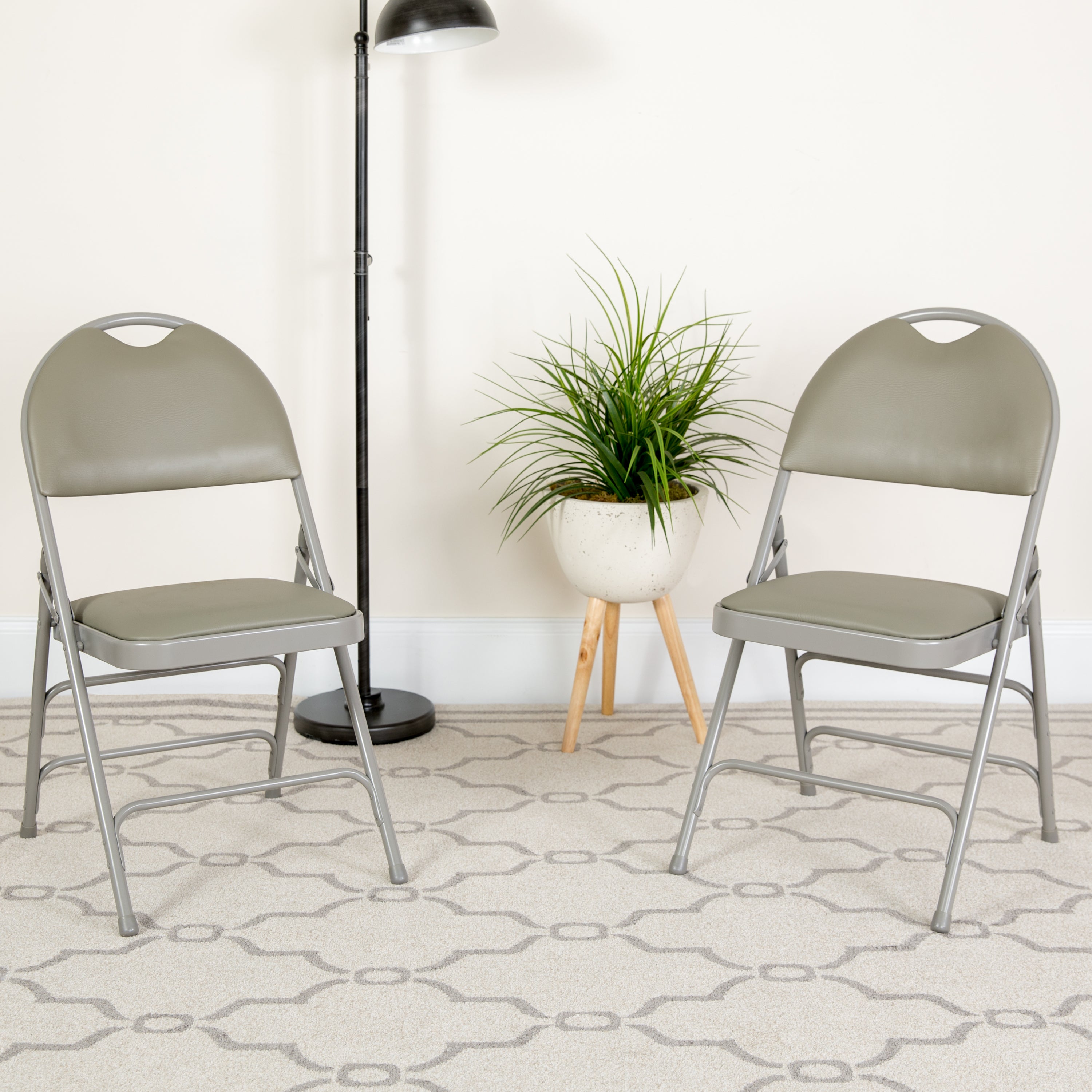 2 Pack HERCULES Series Ultra-Premium Triple Braced Gray Vinyl Metal Folding Chair with Easy-Carry Handle