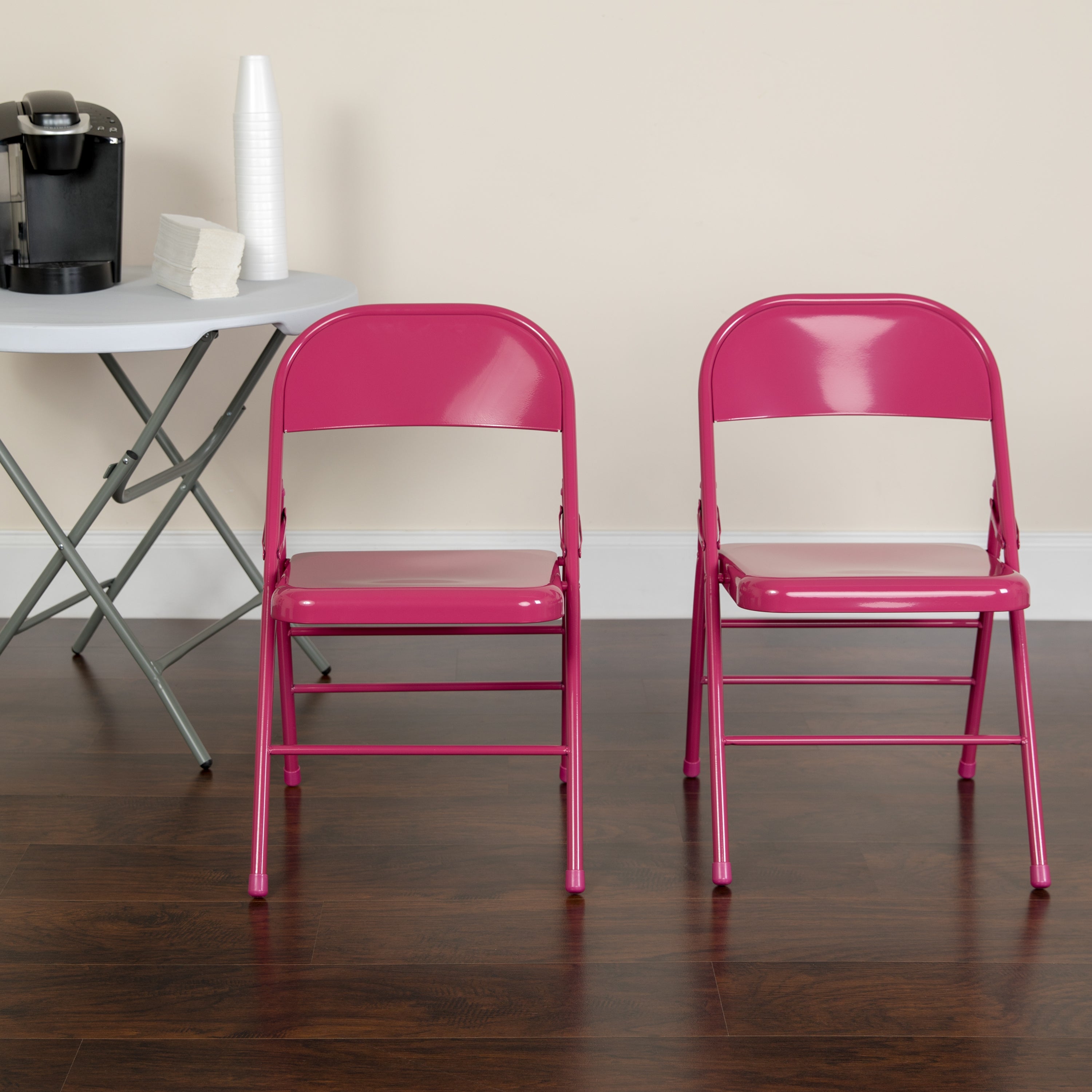 2 Pack HERCULES COLORBURST Series Shockingly Fuchsia Triple Braced & Double Hinged Metal Folding Chair