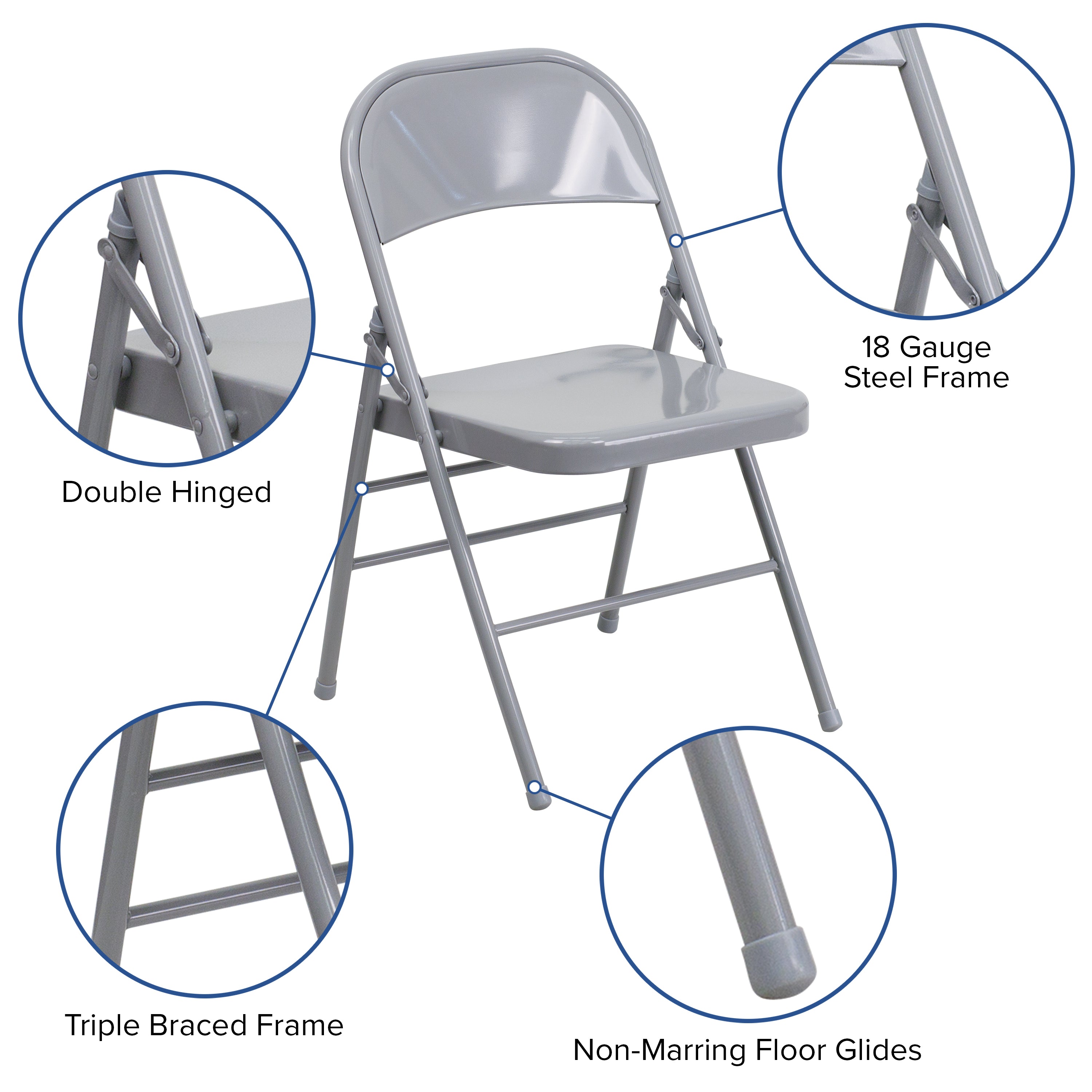 2 Pack HERCULES Series Triple Braced & Double Hinged Gray Metal Folding Chair
