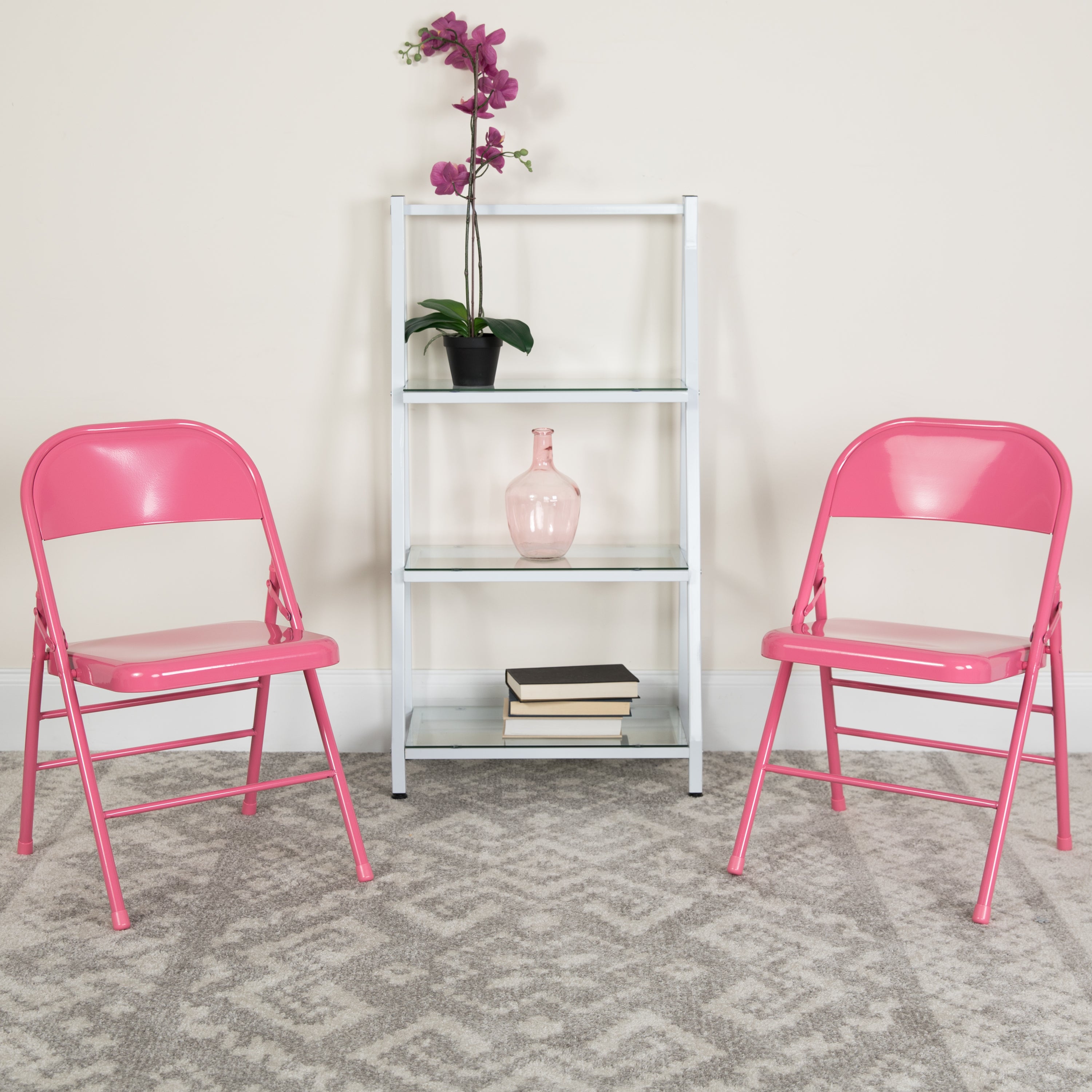 2 Pack HERCULES COLORBURST Series Bubblegum Pink Triple Braced & Double Hinged Metal Folding Chair