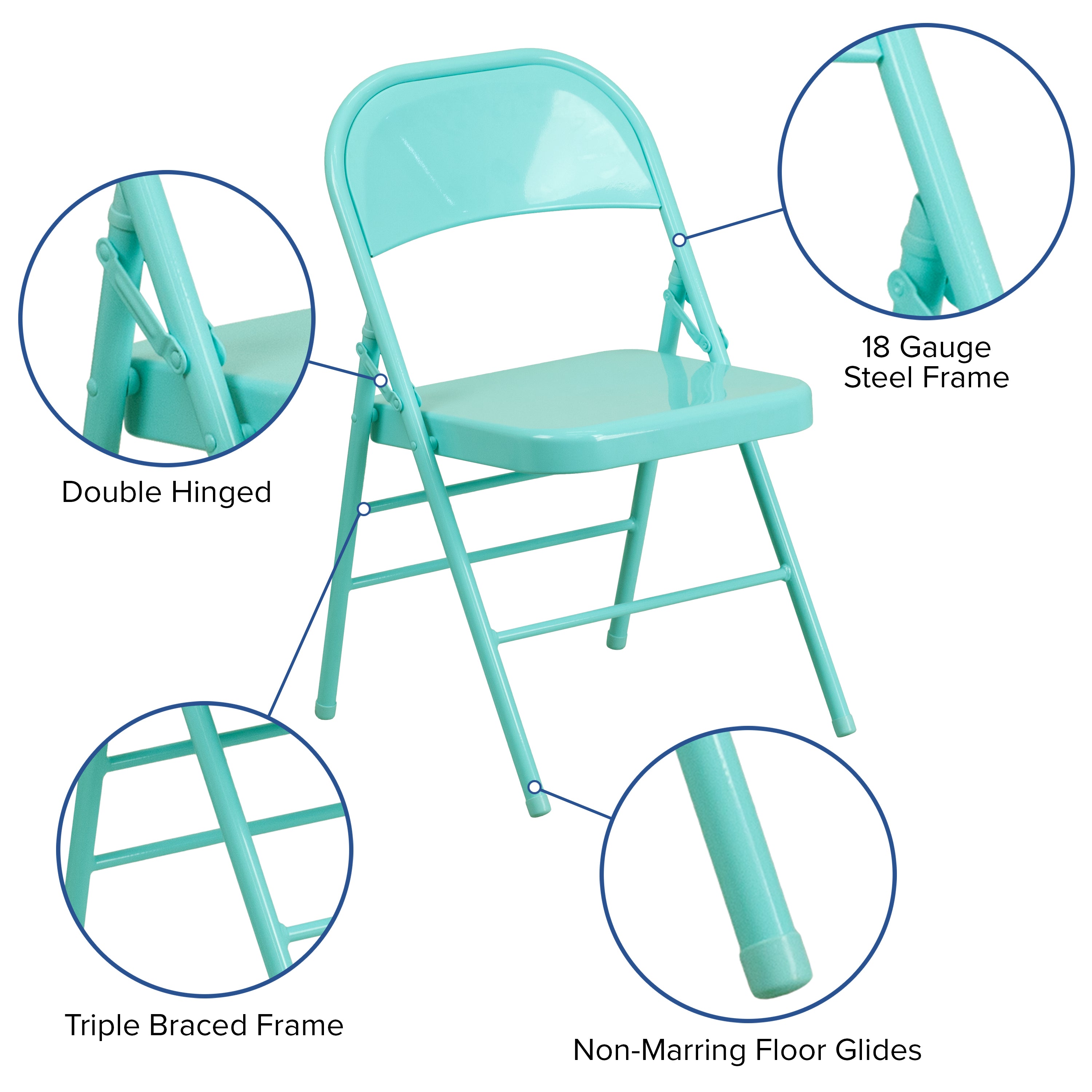 2 Pack HERCULES COLORBURST Series Tantalizing Teal Triple Braced & Double Hinged Metal Folding Chair