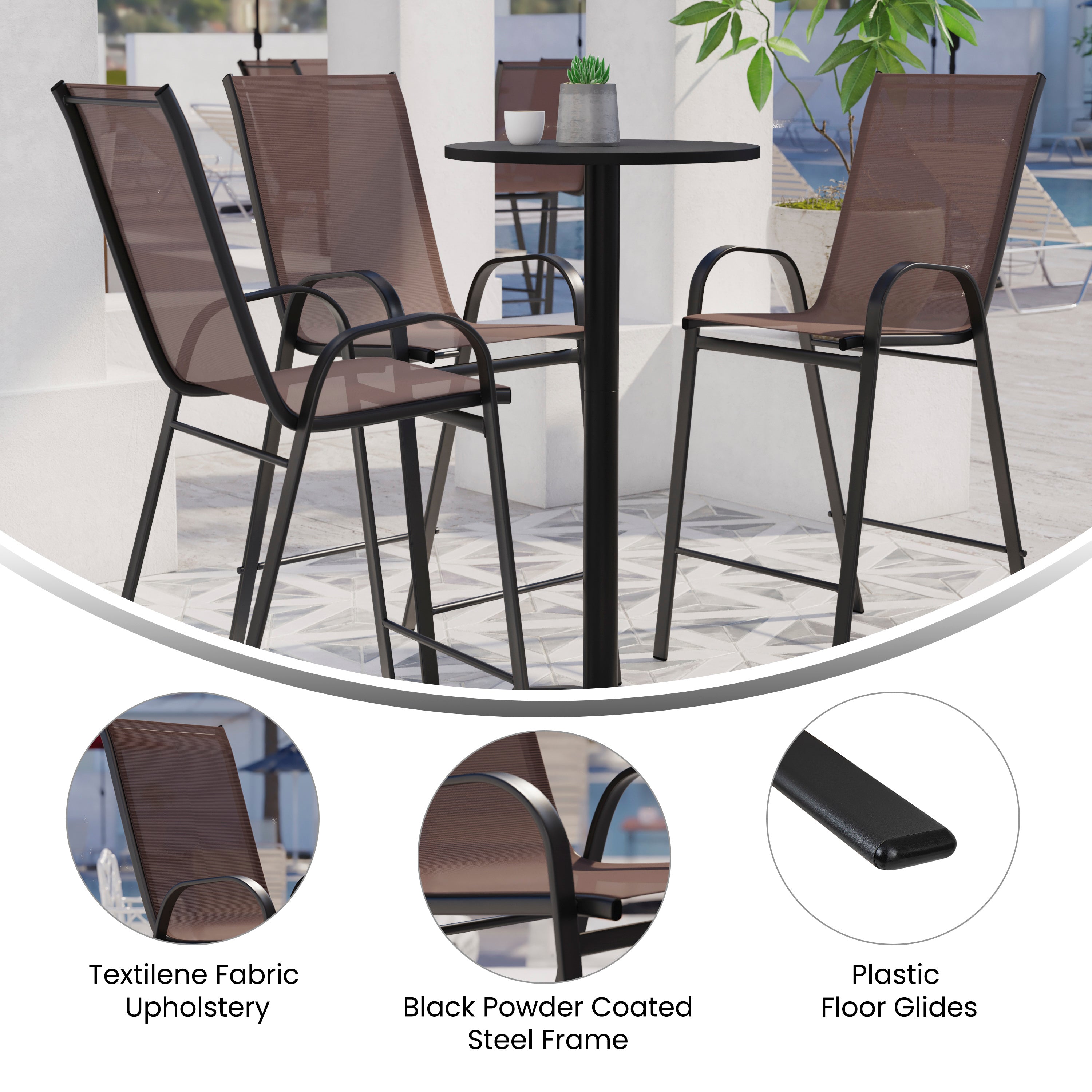 2 Pack Brazos Series Brown Outdoor Barstool with Flex Comfort Material and Metal Frame