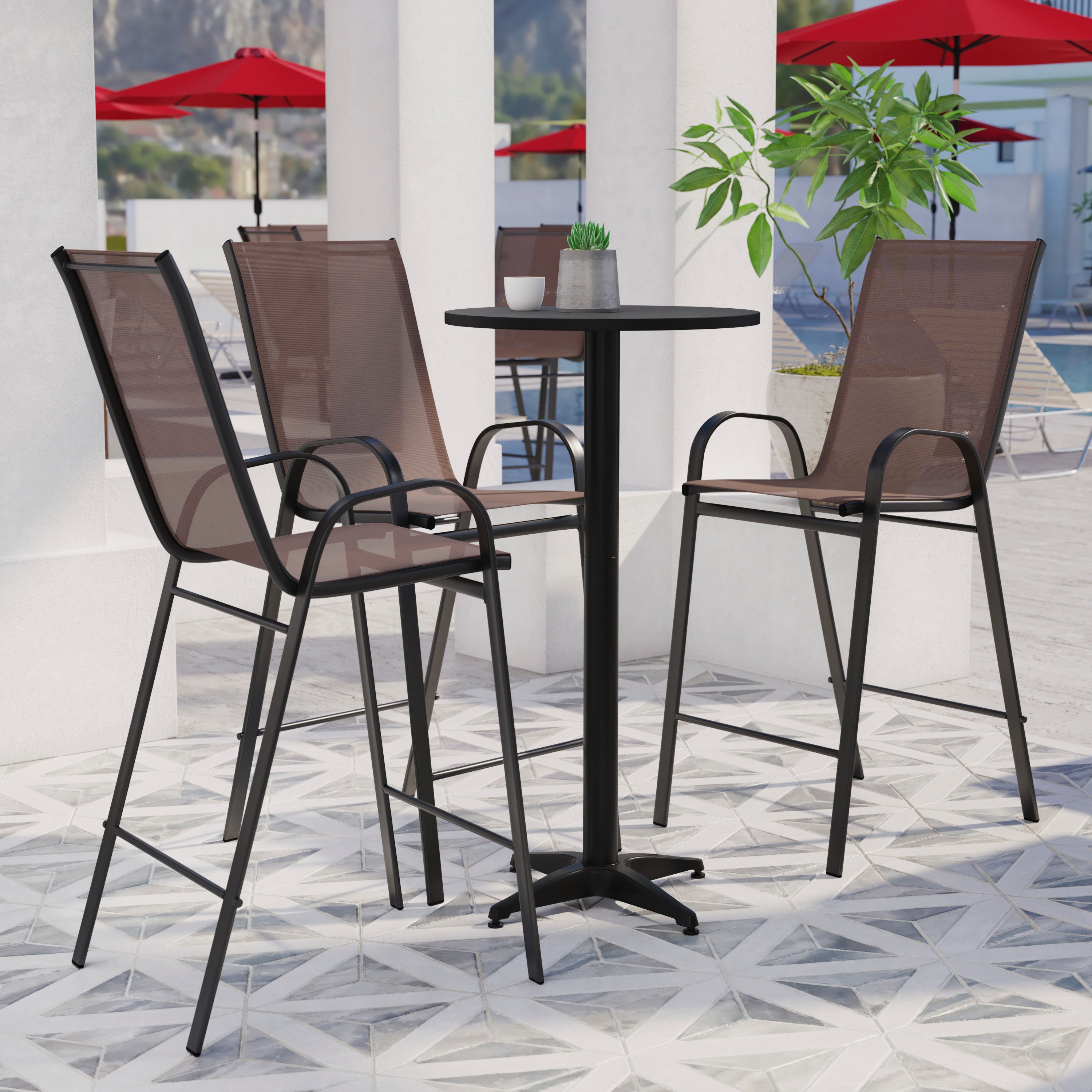 2 Pack Brazos Series Brown Outdoor Barstool with Flex Comfort Material and Metal Frame