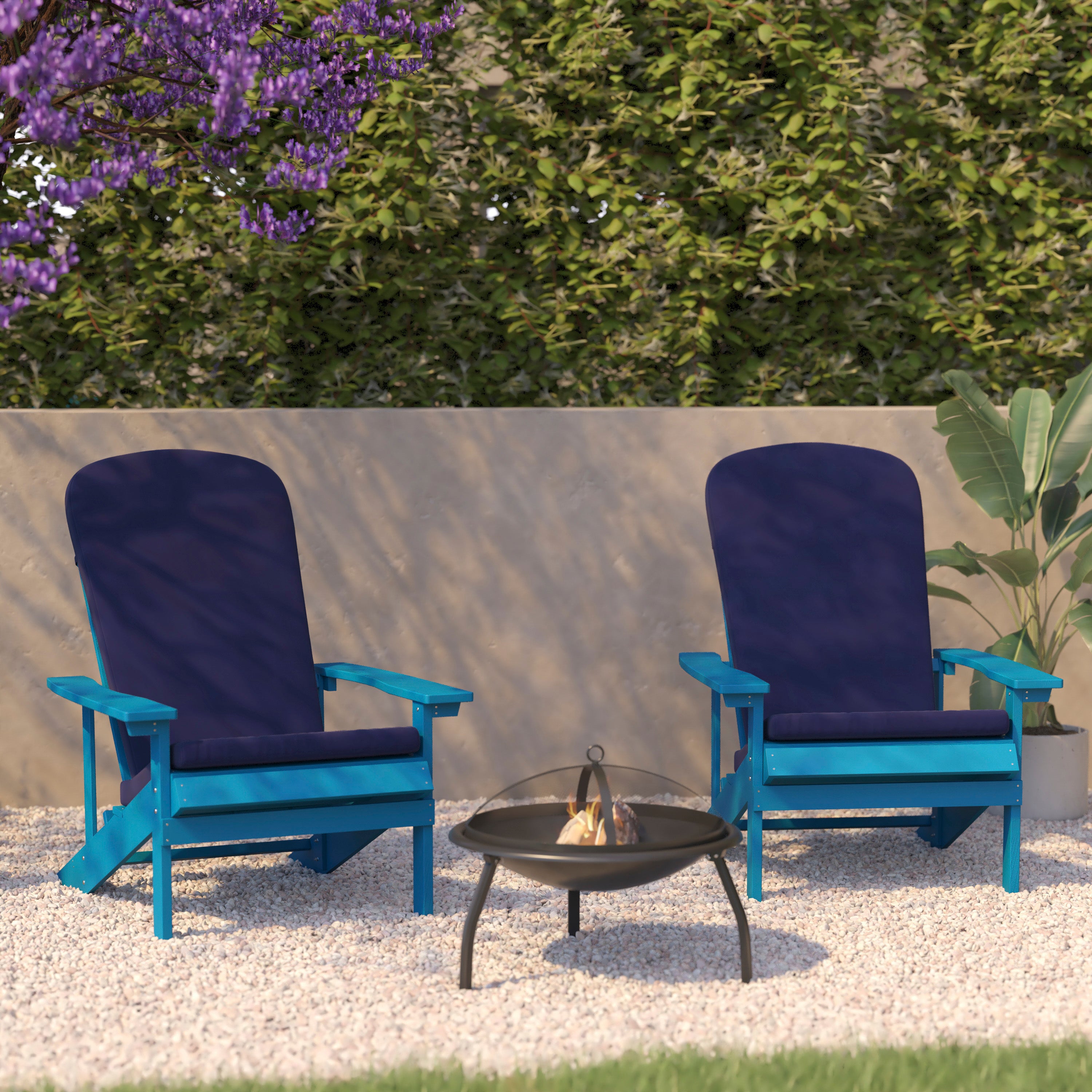 Charlestown Set of 2 All-Weather Poly Resin Wood Adirondack Chairs in Blue with Blue Cushions for Deck, Porch, and Patio