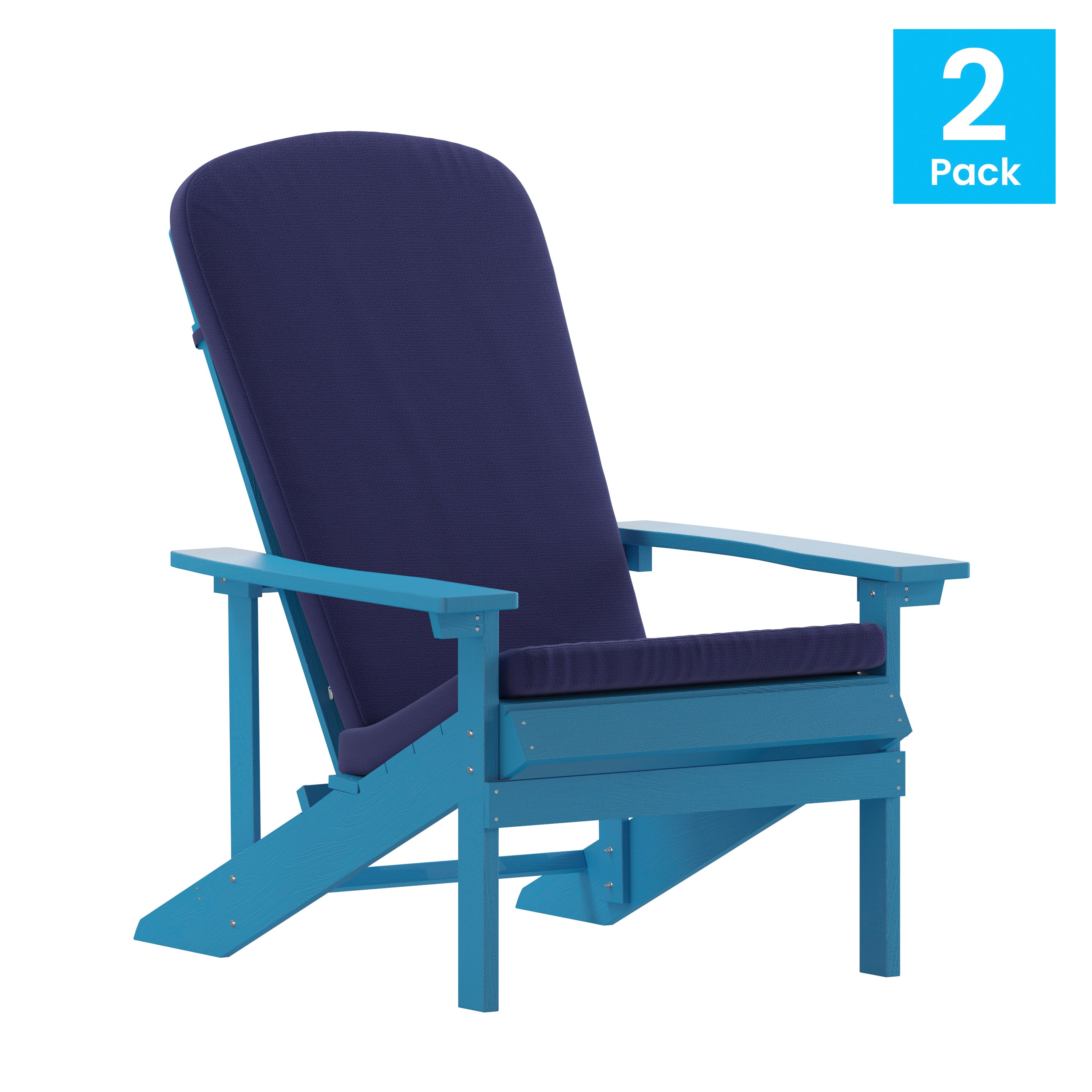 Charlestown Set of 2 All-Weather Poly Resin Wood Adirondack Chairs in Blue with Blue Cushions for Deck, Porch, and Patio