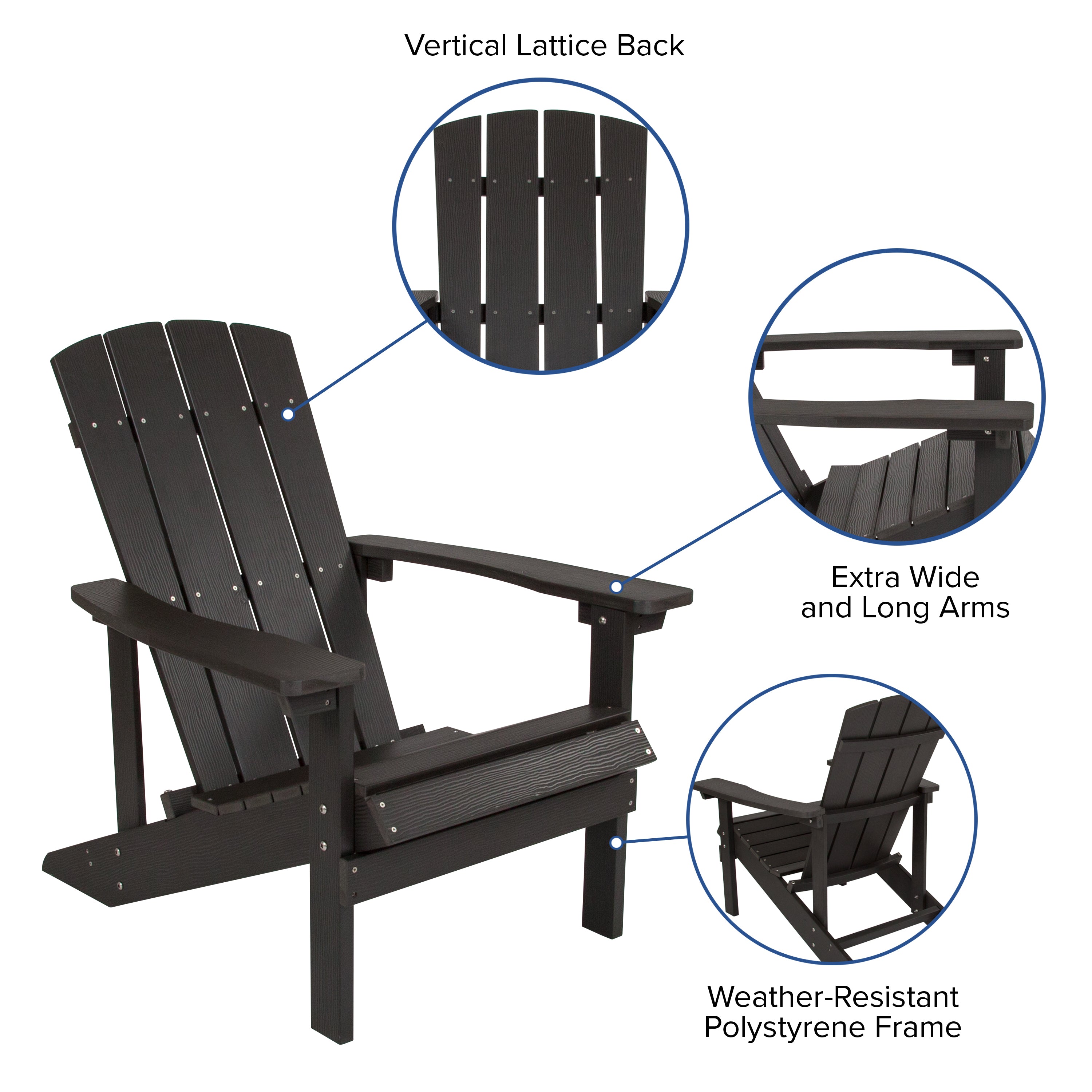 Charlestown Set of 2 All-Weather Poly Resin Wood Adirondack Chairs in Slate Gray with Blue Cushions for Deck, Porch, and Patio