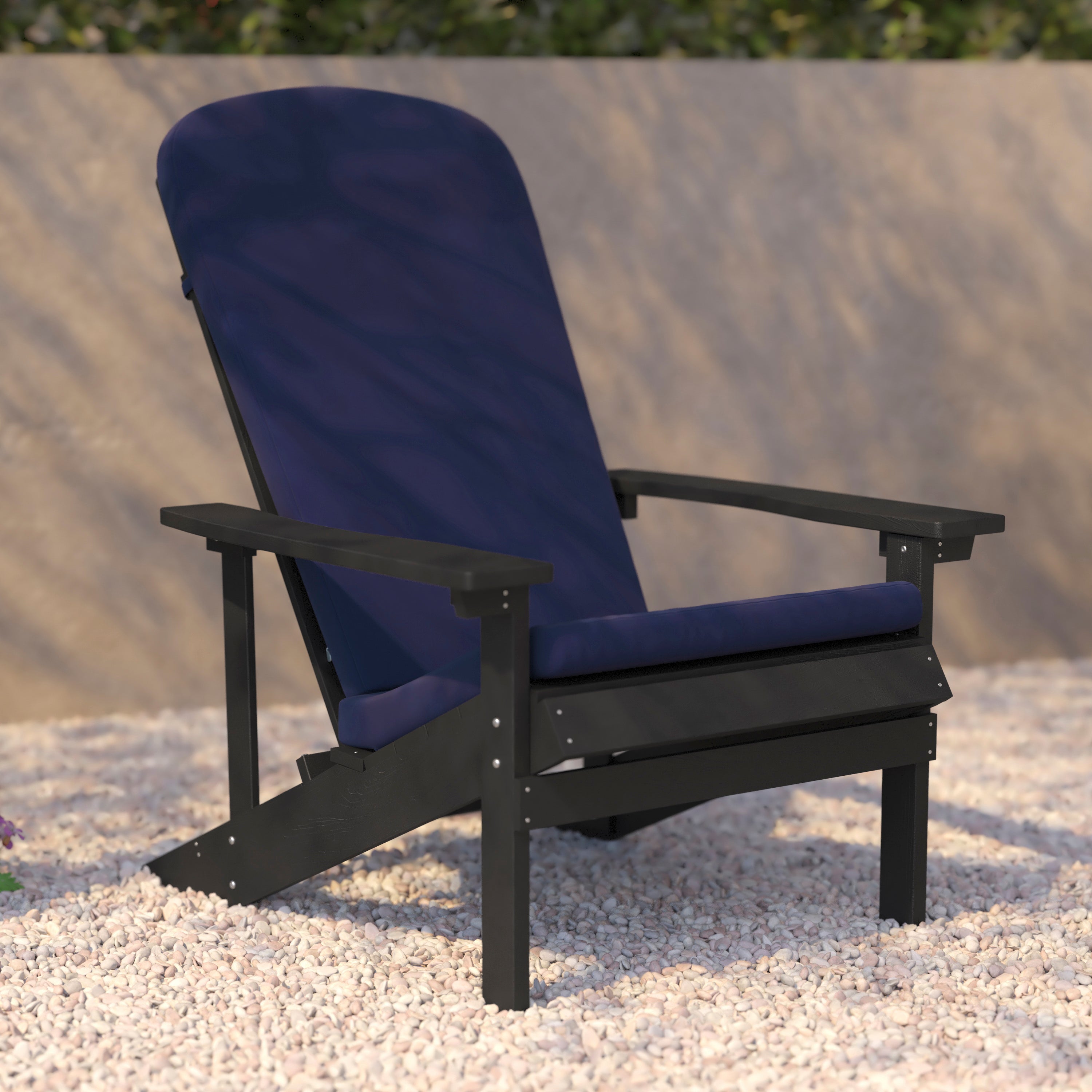 Charlestown Set of 2 All-Weather Poly Resin Wood Adirondack Chairs in Slate Gray with Blue Cushions for Deck, Porch, and Patio