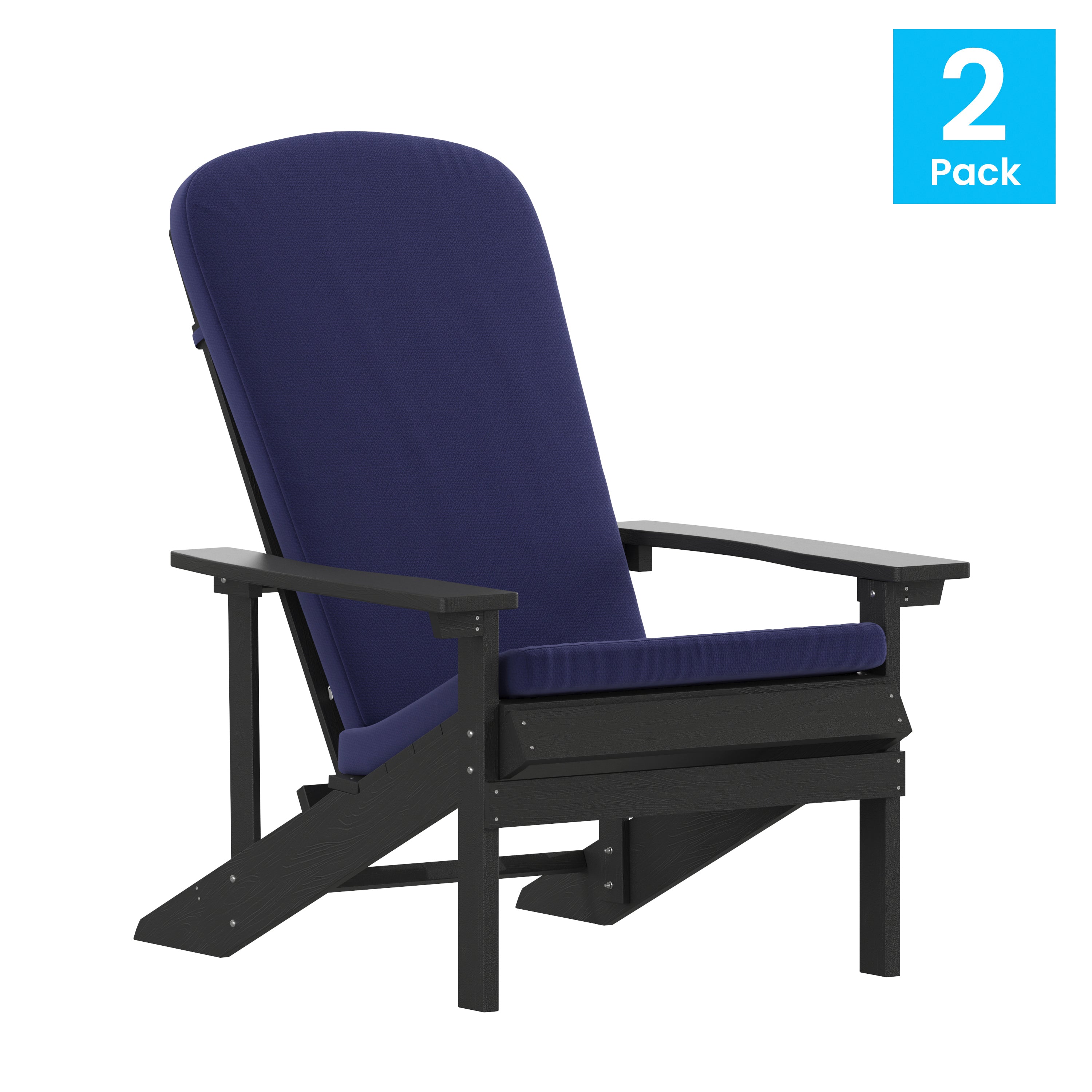 Charlestown Set of 2 All-Weather Poly Resin Wood Adirondack Chairs in Slate Gray with Blue Cushions for Deck, Porch, and Patio