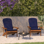Charlestown Set of 2 All-Weather Poly Resin Wood Adirondack Chairs in Teak with Blue Cushions for Deck, Porch, and Patio