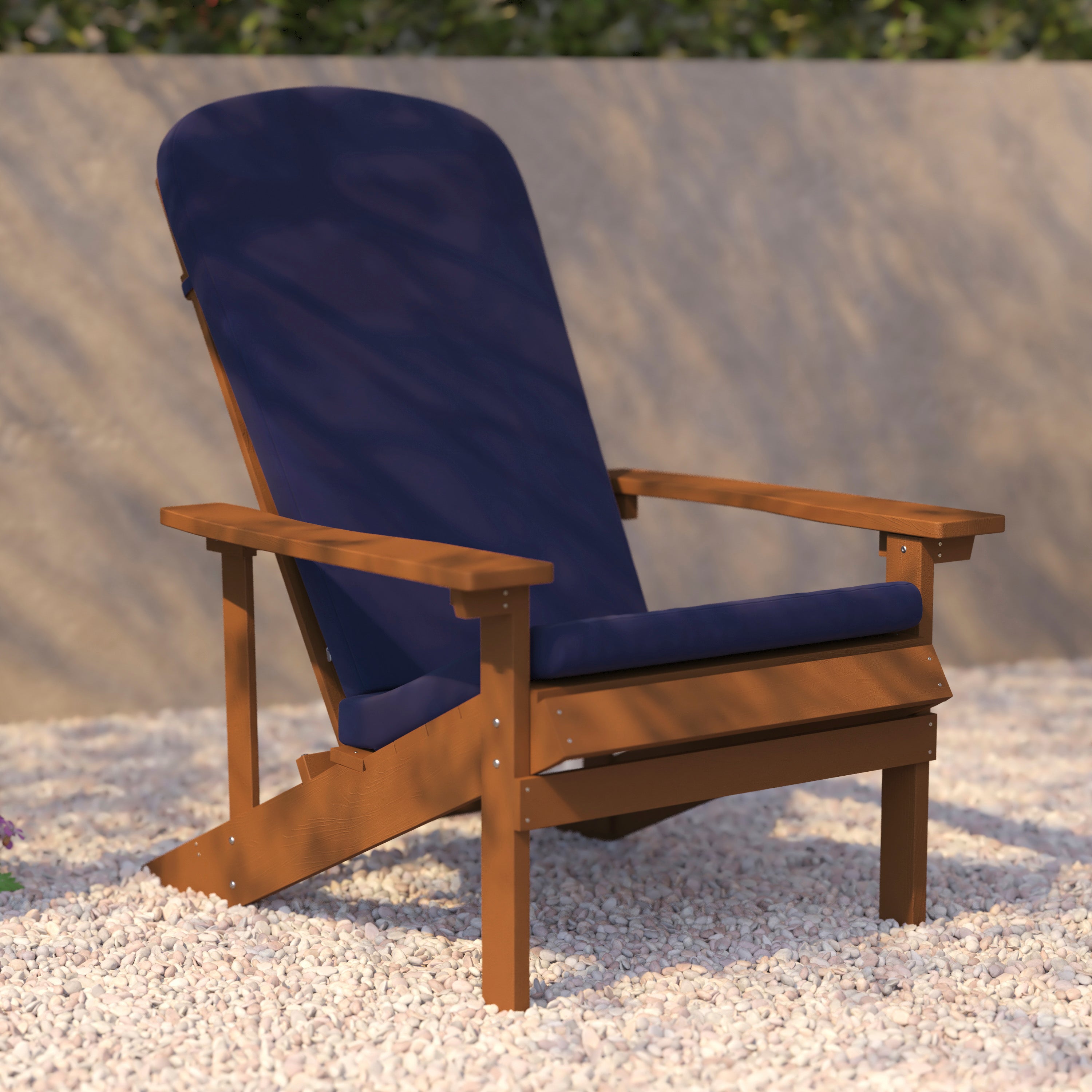 Charlestown Set of 2 All-Weather Poly Resin Wood Adirondack Chairs in Teak with Blue Cushions for Deck, Porch, and Patio