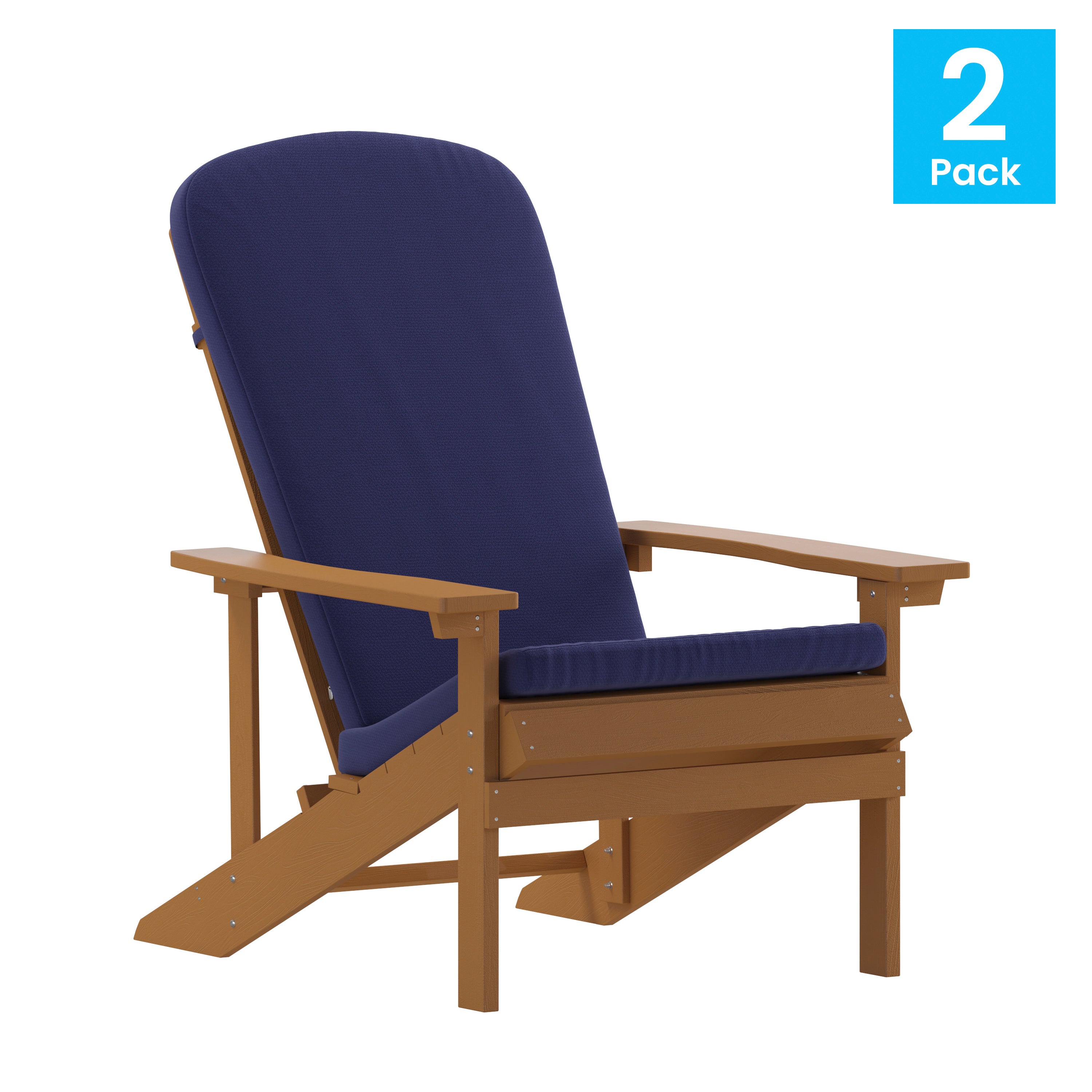 Charlestown Set of 2 All-Weather Poly Resin Wood Adirondack Chairs in Teak with Blue Cushions for Deck, Porch, and Patio