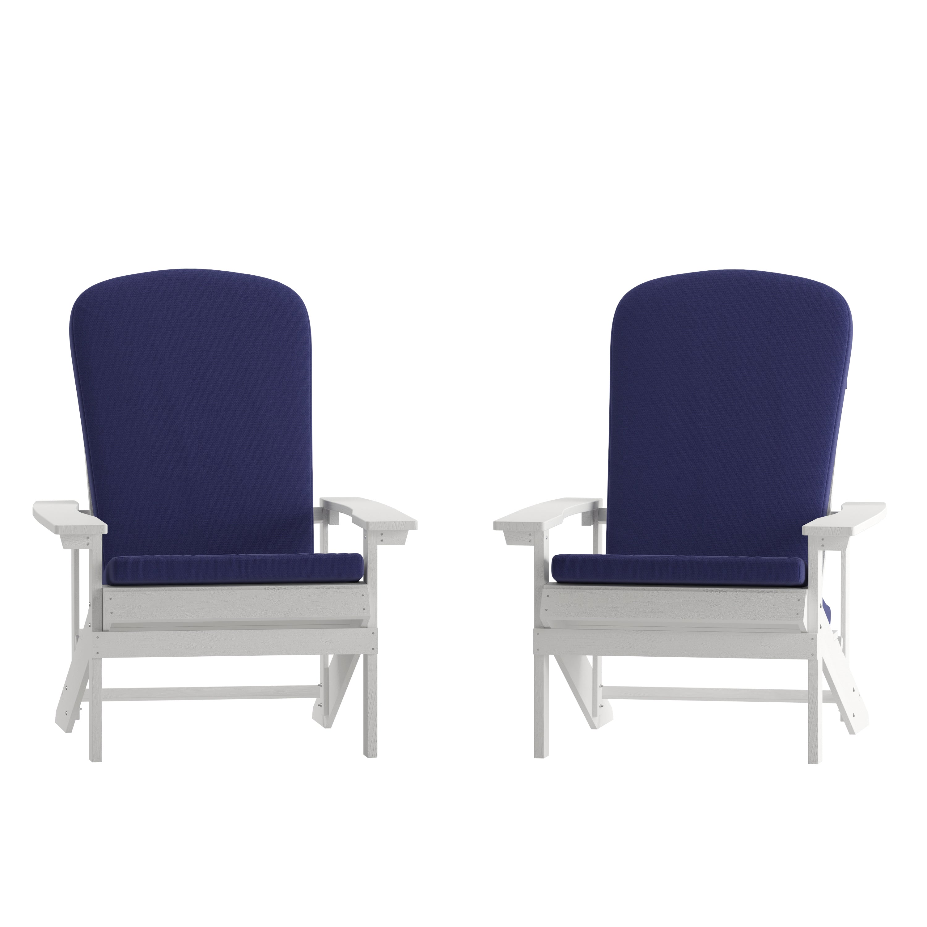 Charlestown Set of 2 All-Weather Poly Resin Wood Adirondack Chairs in White with Blue Cushions for Deck, Porch, and Patio
