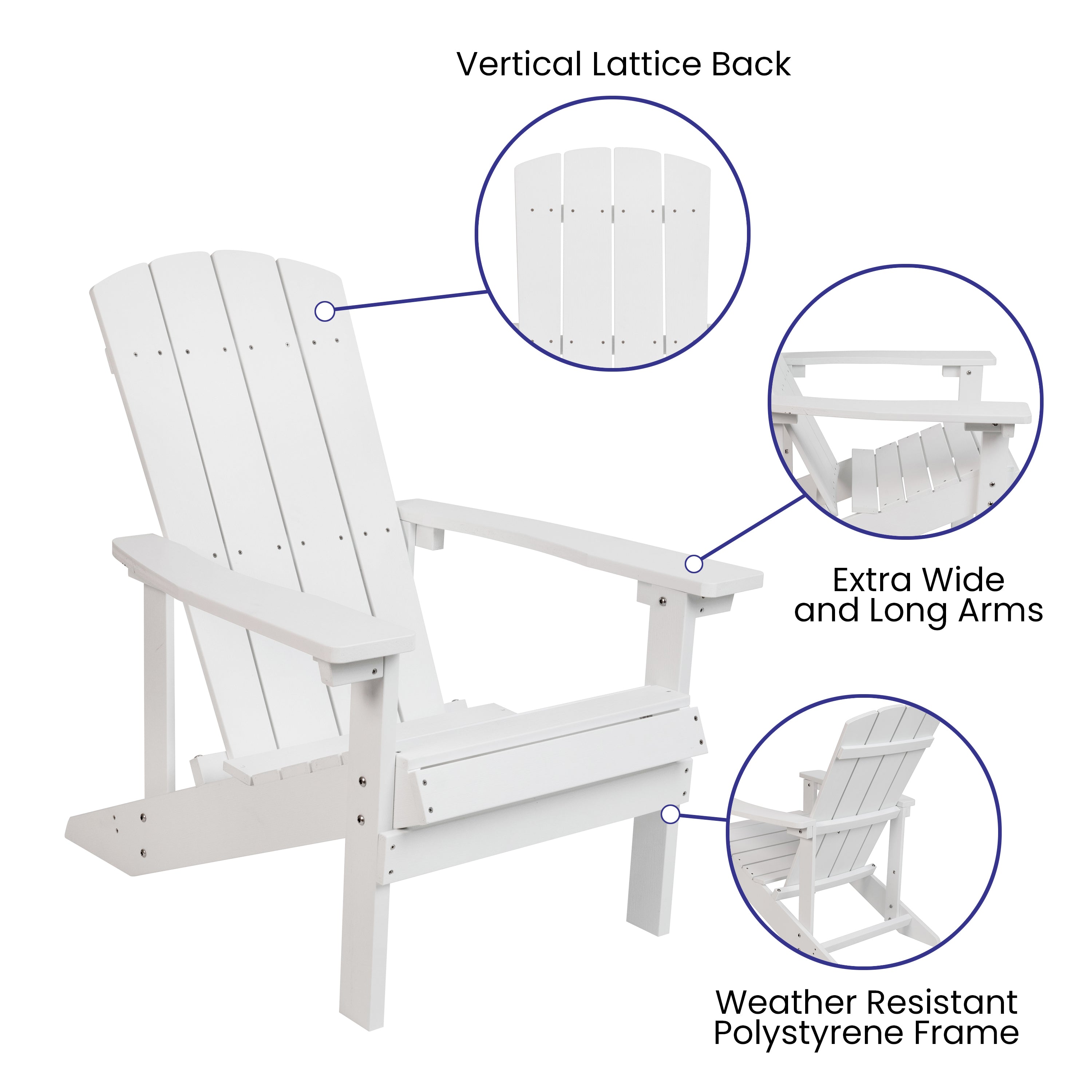 Charlestown Set of 2 All-Weather Poly Resin Wood Adirondack Chairs in White with Blue Cushions for Deck, Porch, and Patio