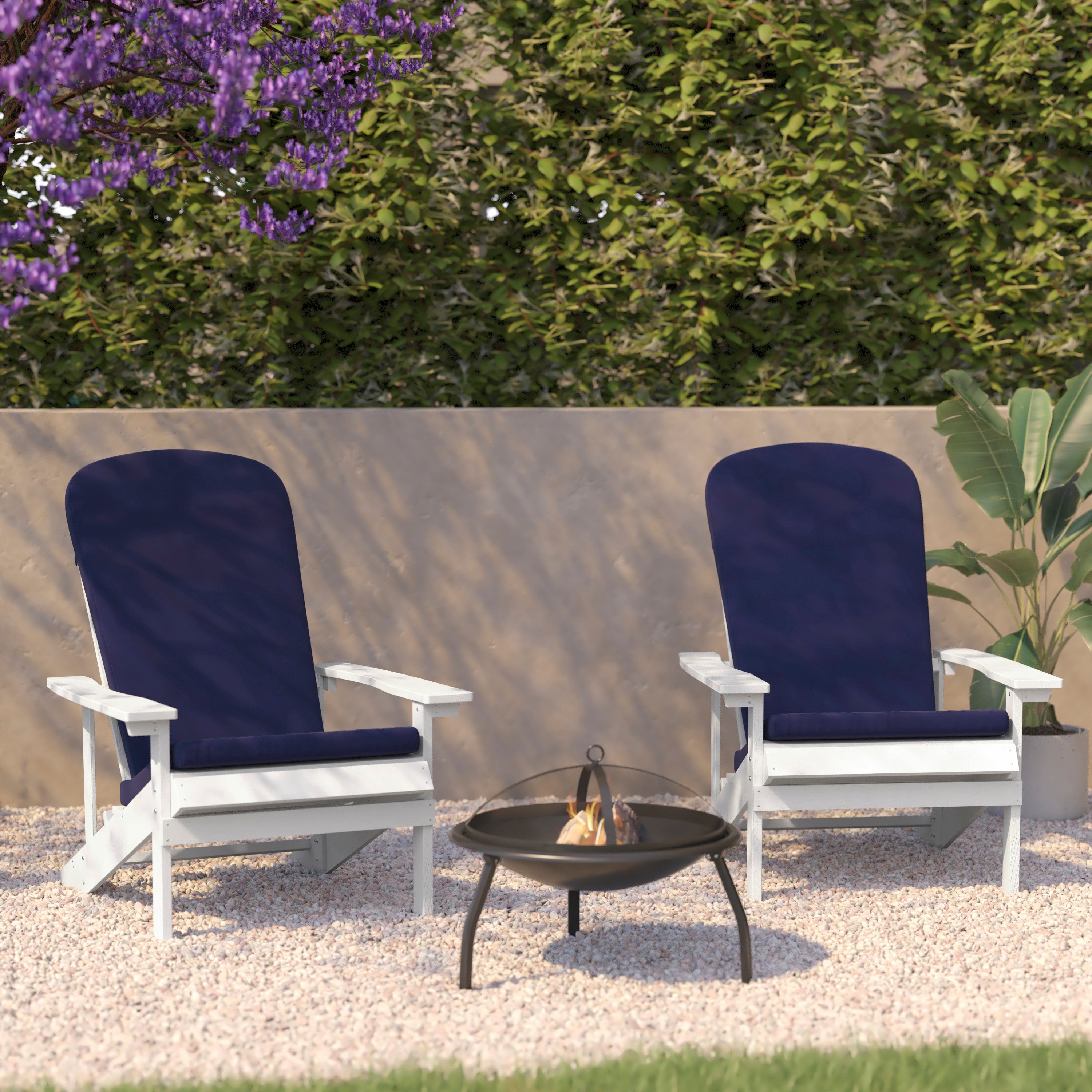 Charlestown Set of 2 All-Weather Poly Resin Wood Adirondack Chairs in White with Blue Cushions for Deck, Porch, and Patio