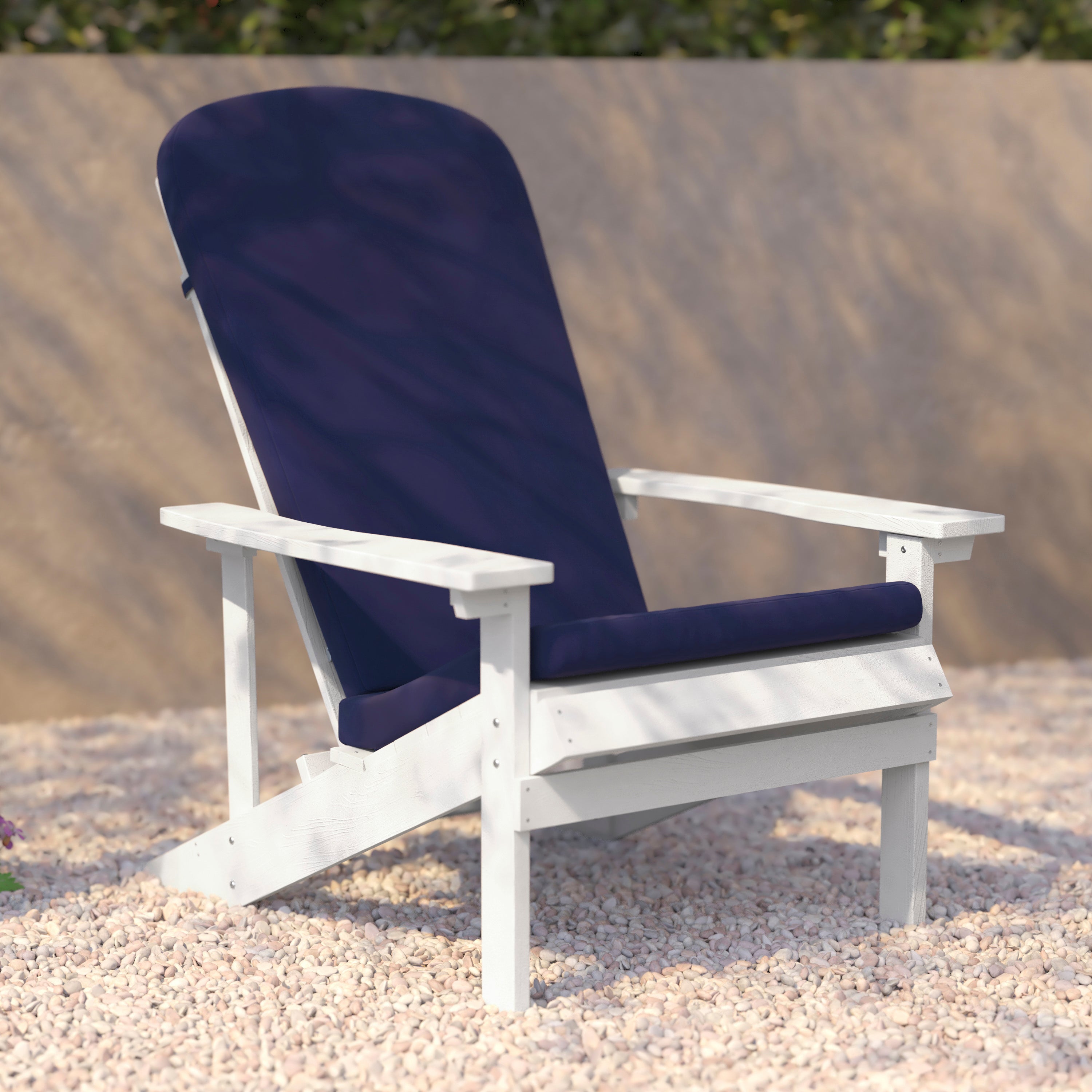 Charlestown Set of 2 All-Weather Poly Resin Wood Adirondack Chairs in White with Blue Cushions for Deck, Porch, and Patio