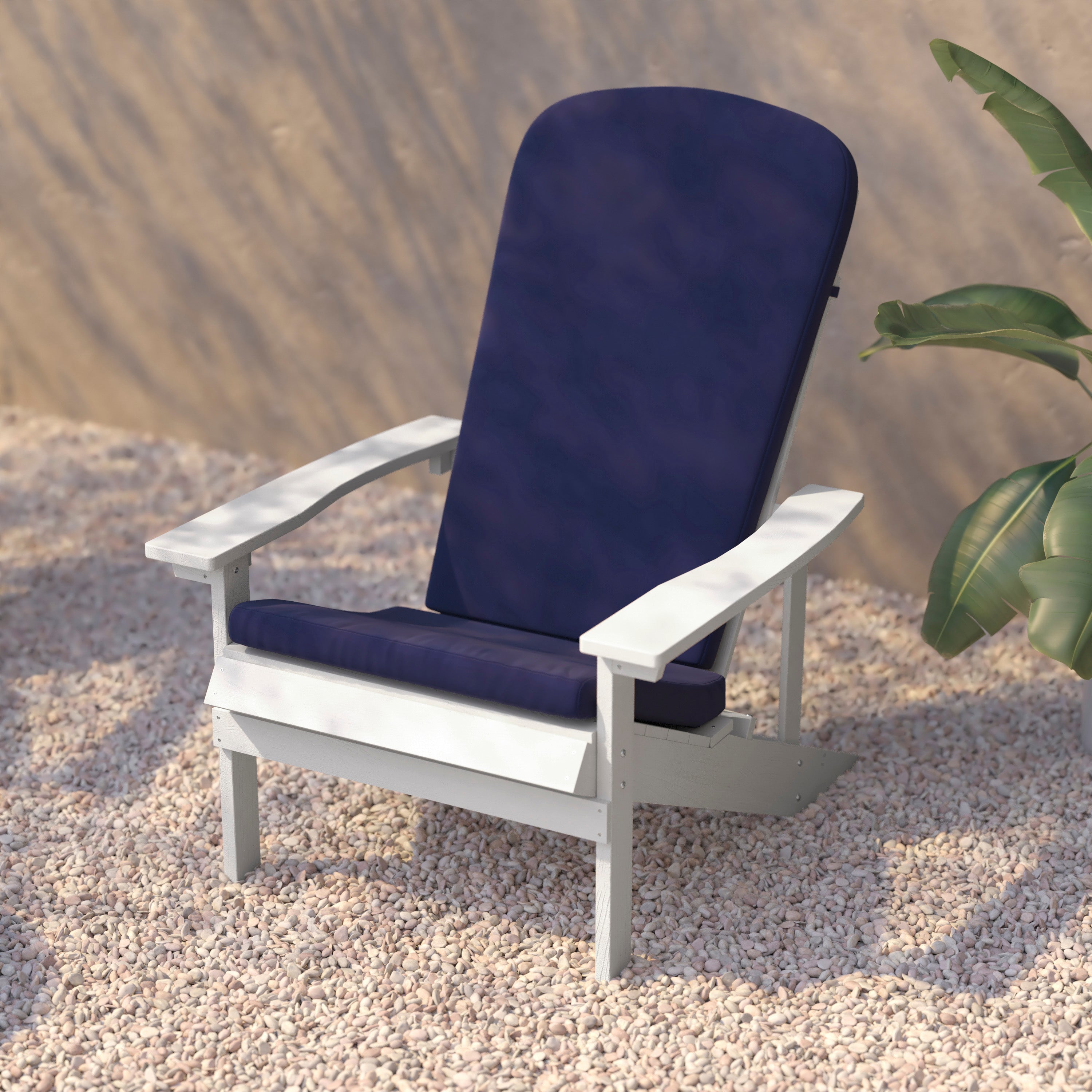 Charlestown Set of 2 All-Weather Poly Resin Wood Adirondack Chairs in White with Blue Cushions for Deck, Porch, and Patio
