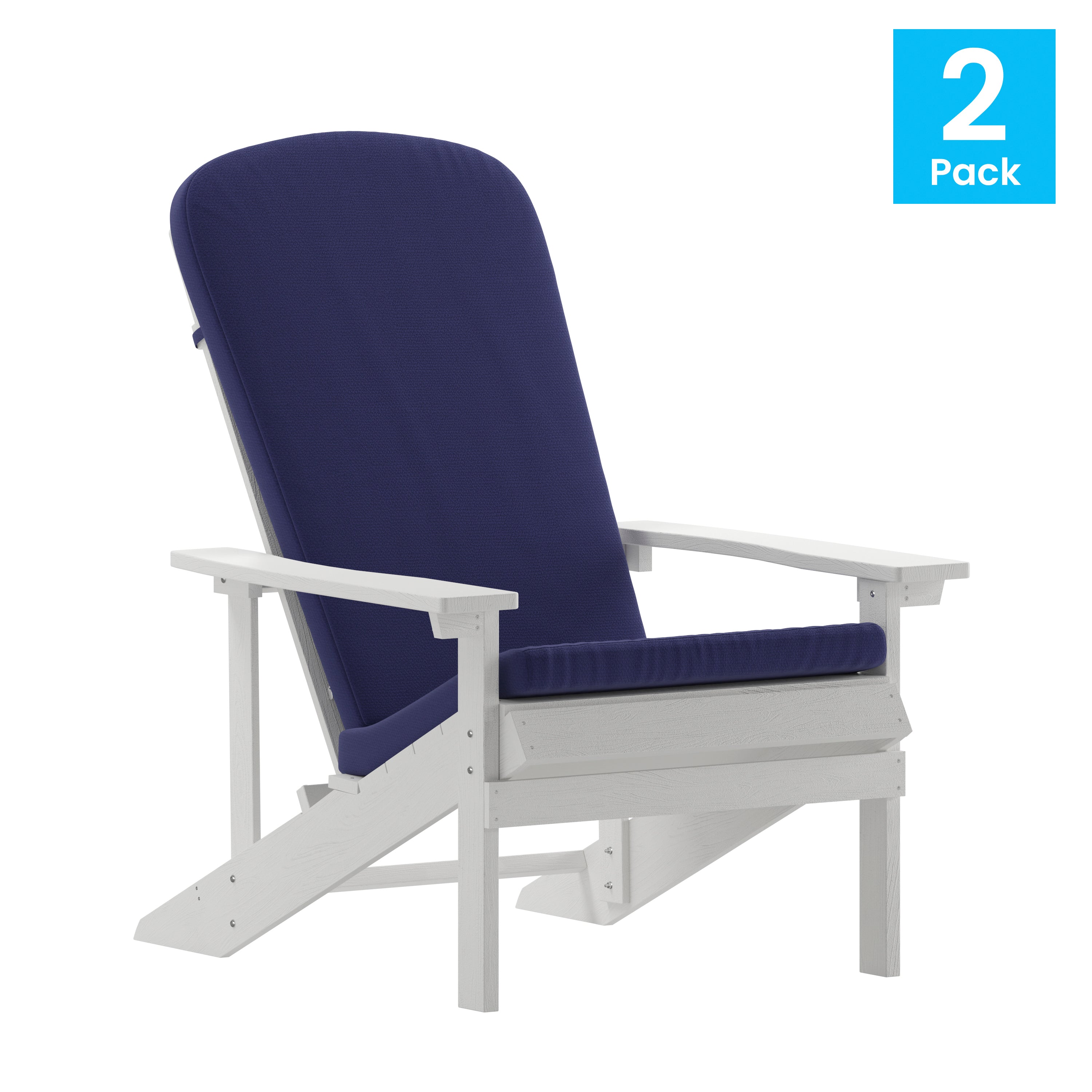 Charlestown Set of 2 All-Weather Poly Resin Wood Adirondack Chairs in White with Blue Cushions for Deck, Porch, and Patio