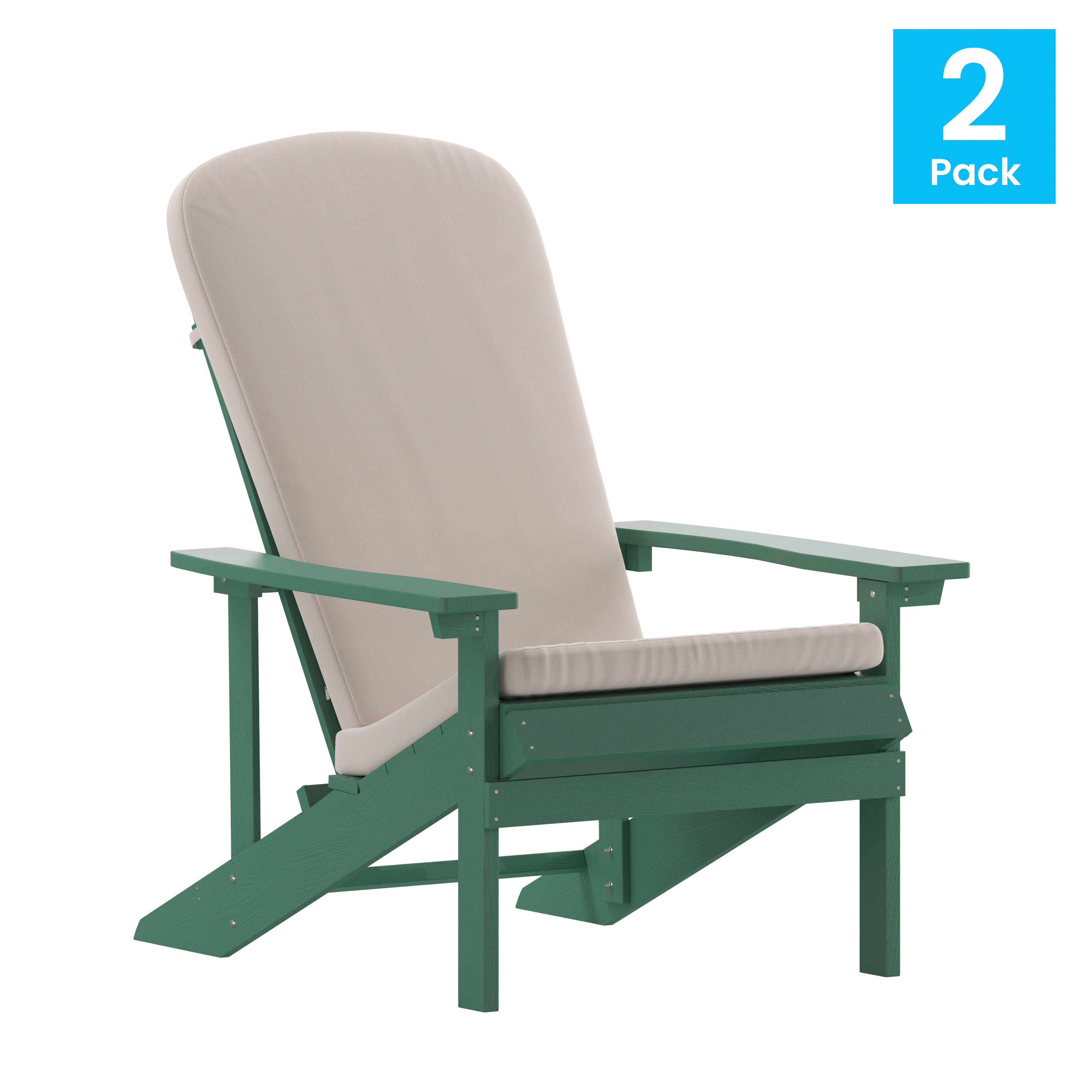 Charlestown Set of 2 All-Weather Poly Resin Wood Adirondack Chairs in Green with Cream Cushions for Deck, Porch, and Patio
