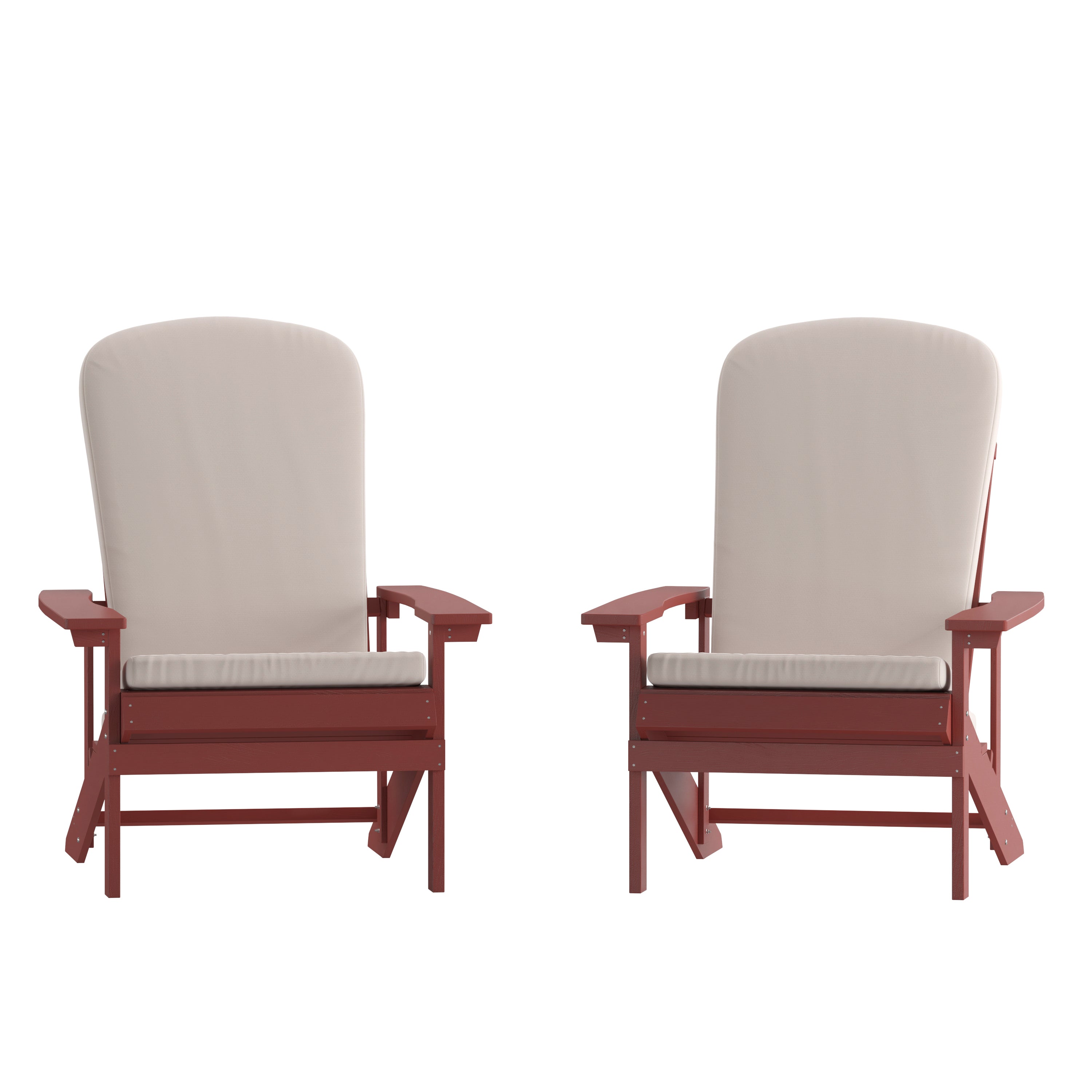 Charlestown Set of 2 All-Weather Poly Resin Wood Adirondack Chairs in Red with Cream Cushions for Deck, Porch, and Patio