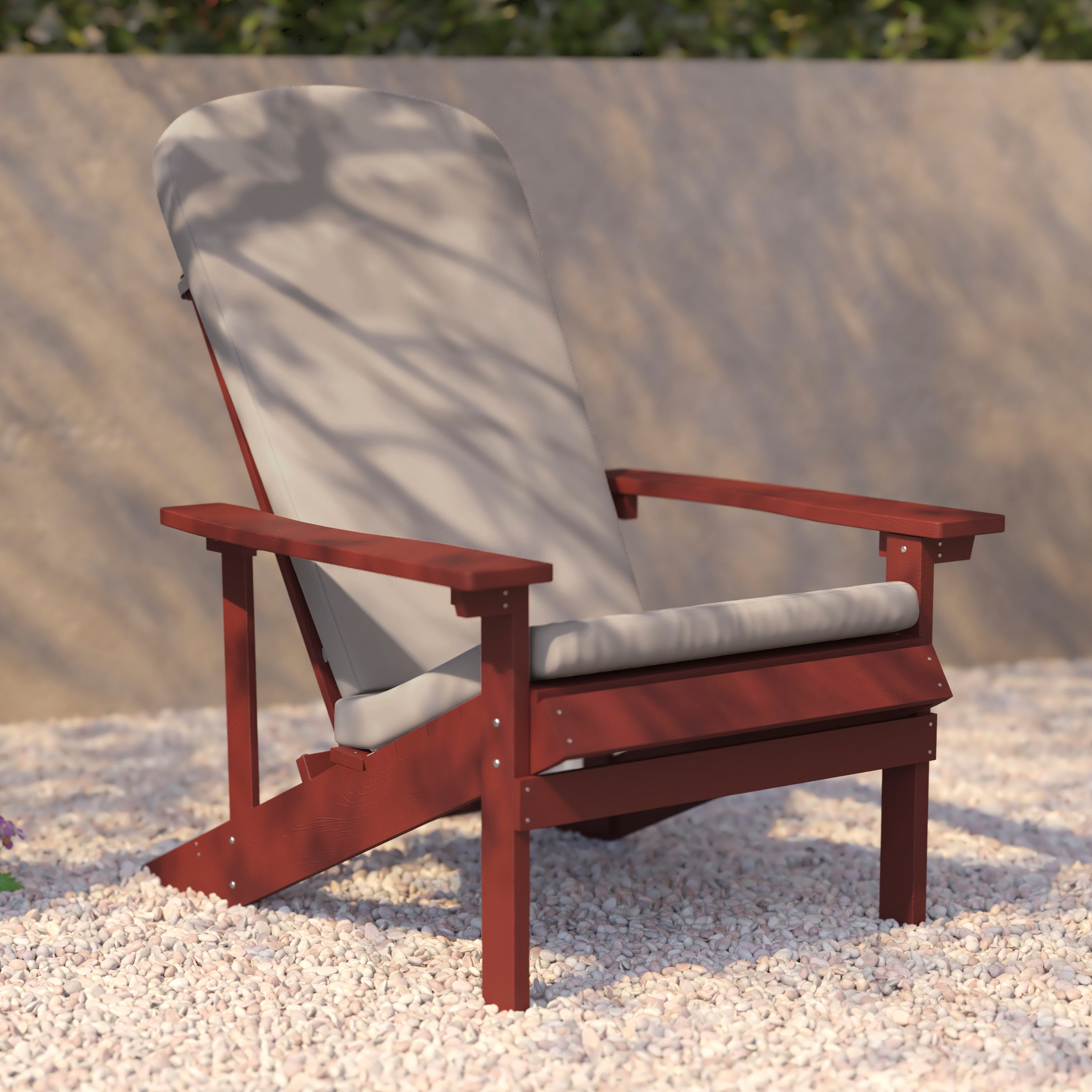 Charlestown Set of 2 All-Weather Poly Resin Wood Adirondack Chairs in Red with Cream Cushions for Deck, Porch, and Patio