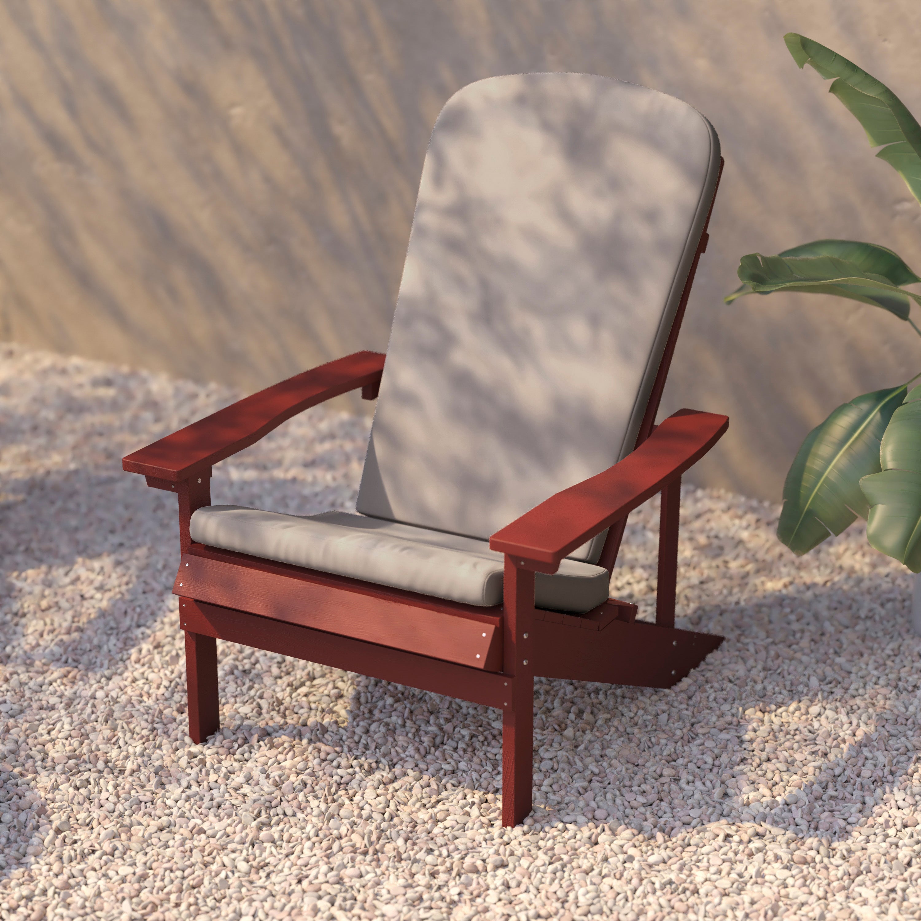 Charlestown Set of 2 All-Weather Poly Resin Wood Adirondack Chairs in Red with Cream Cushions for Deck, Porch, and Patio
