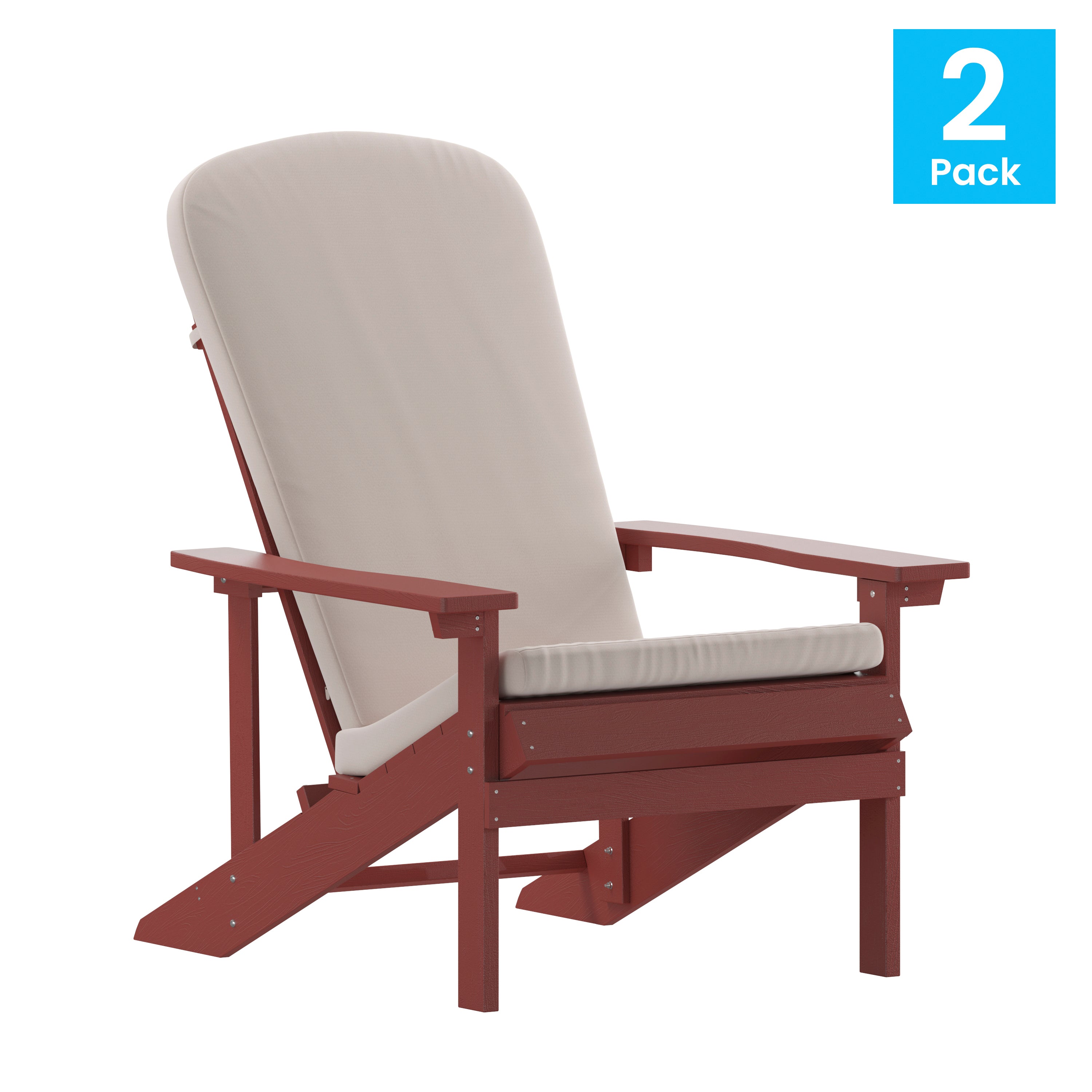 Charlestown Set of 2 All-Weather Poly Resin Wood Adirondack Chairs in Red with Cream Cushions for Deck, Porch, and Patio