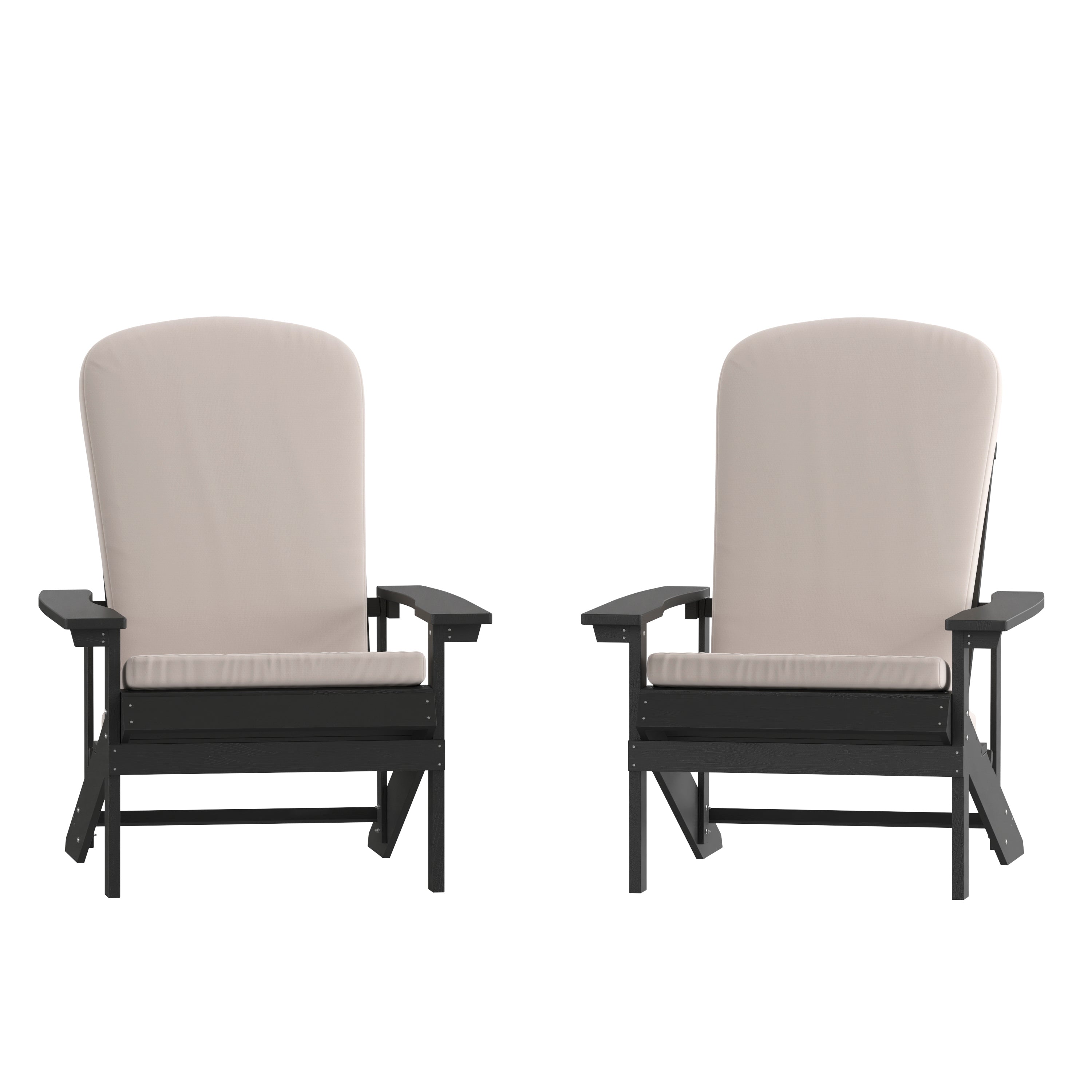 Charlestown Set of 2 All-Weather Poly Resin Wood Adirondack Chairs in Slate Gray with Cream Cushions for Deck, Porch, and Patio