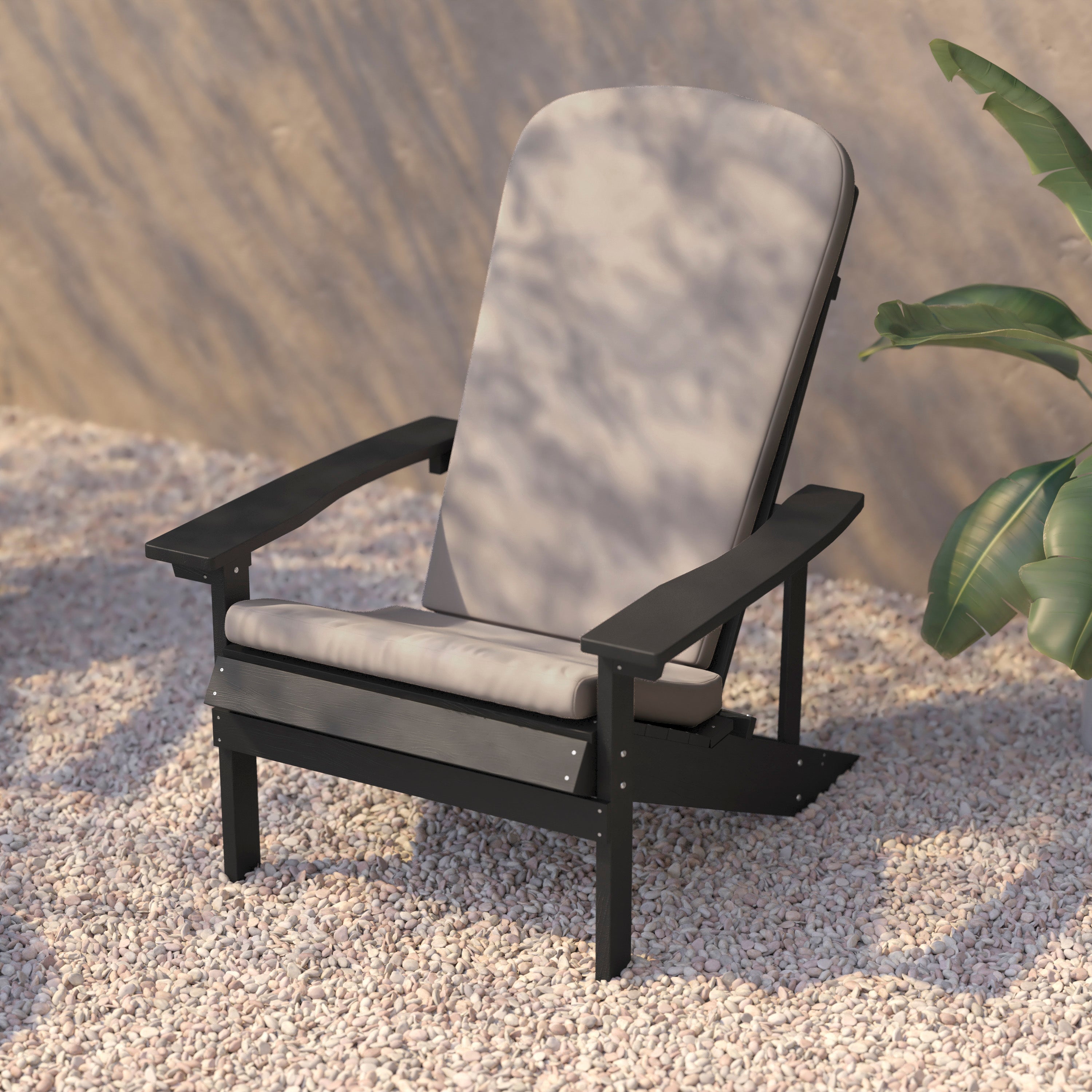 Charlestown Set of 2 All-Weather Poly Resin Wood Adirondack Chairs in Slate Gray with Cream Cushions for Deck, Porch, and Patio