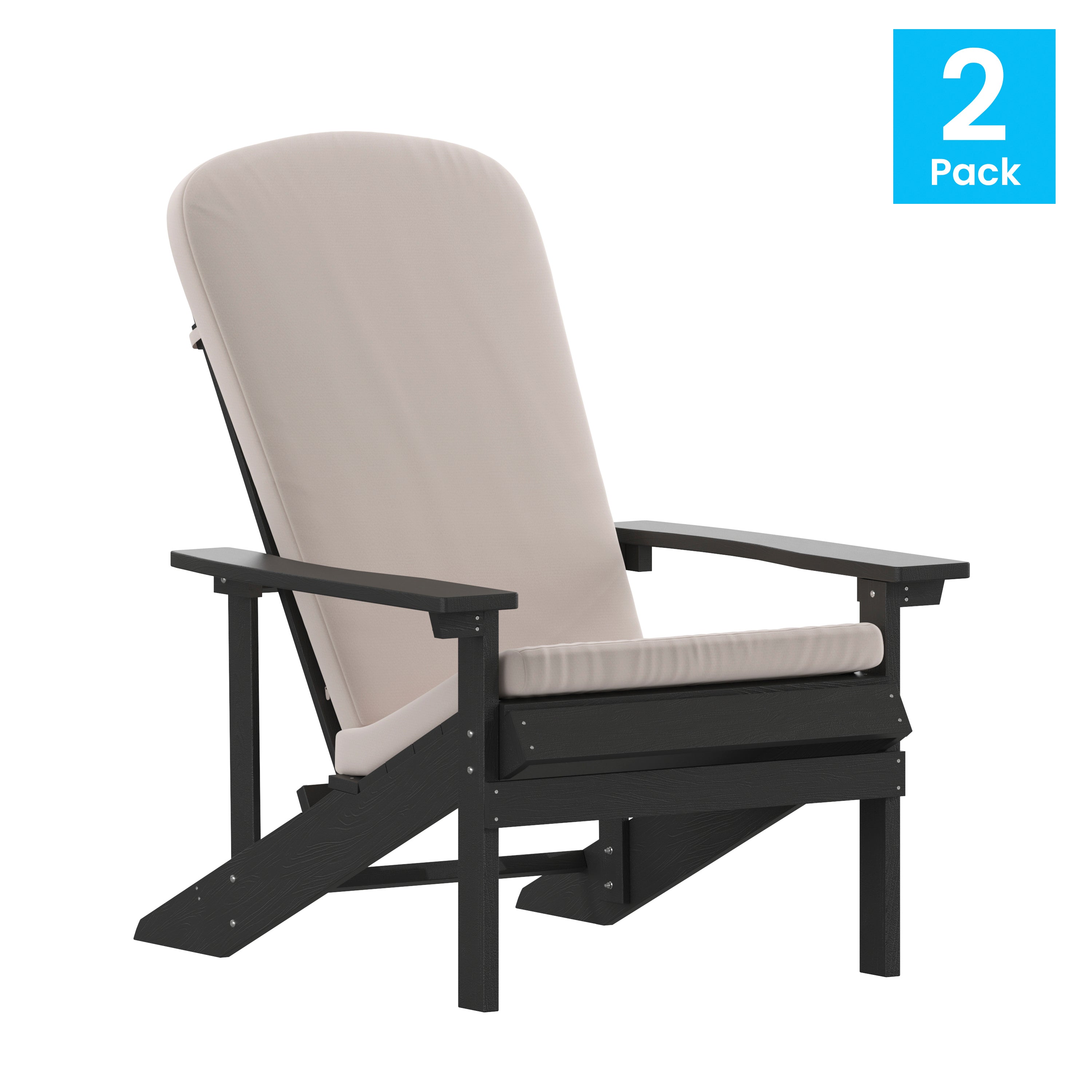 Charlestown Set of 2 All-Weather Poly Resin Wood Adirondack Chairs in Slate Gray with Cream Cushions for Deck, Porch, and Patio