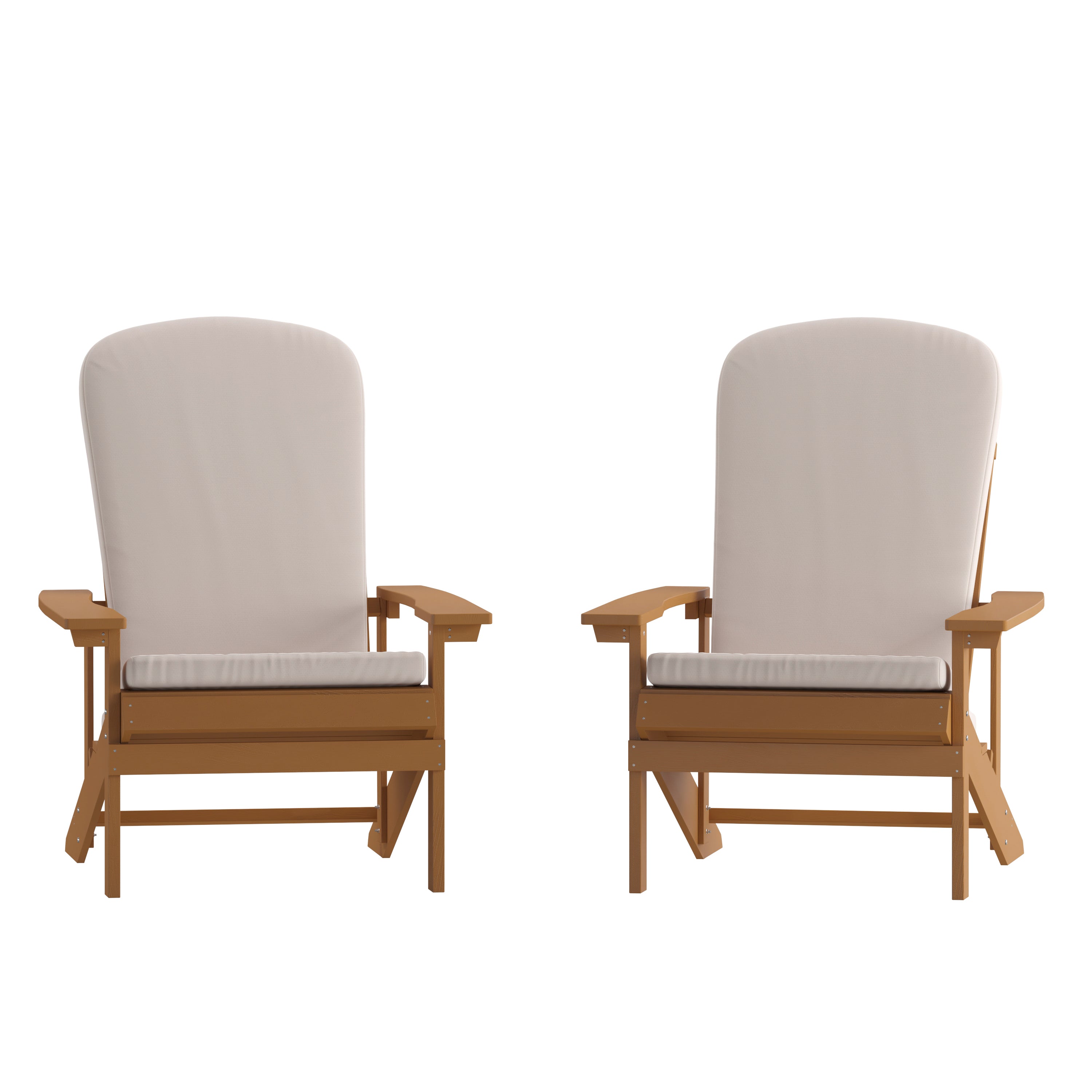 Charlestown Set of 2 All-Weather Poly Resin Wood Adirondack Chairs in Teak with Cream Cushions for Deck, Porch, and Patio