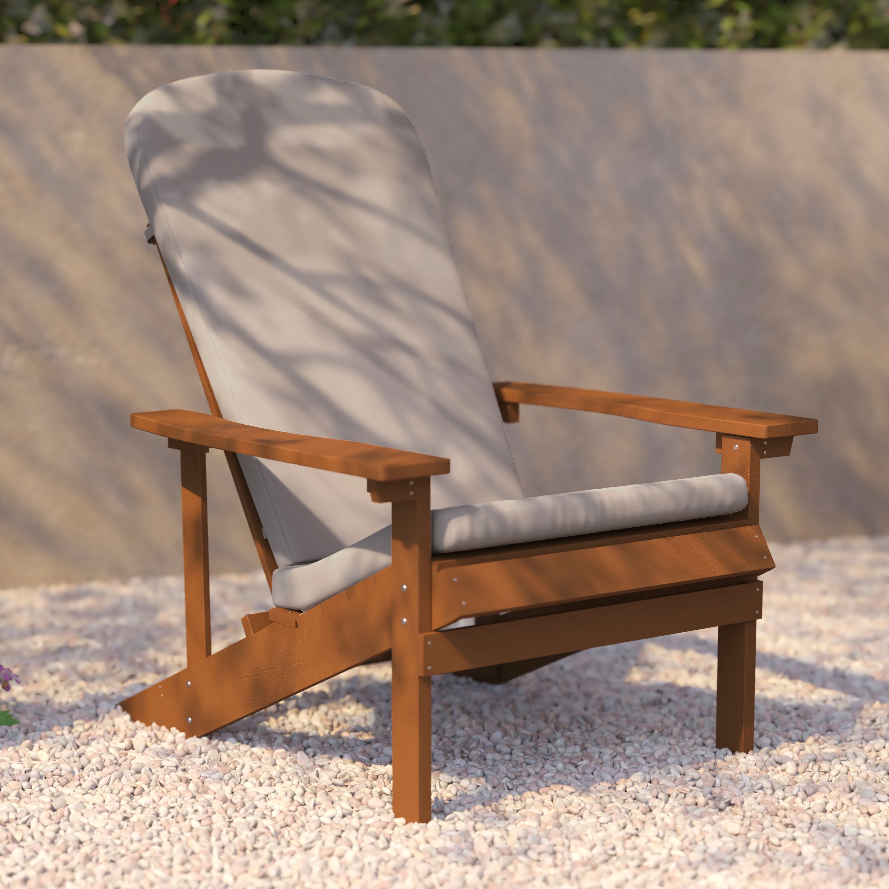 Charlestown Set of 2 All-Weather Poly Resin Wood Adirondack Chairs in Teak with Cream Cushions for Deck, Porch, and Patio