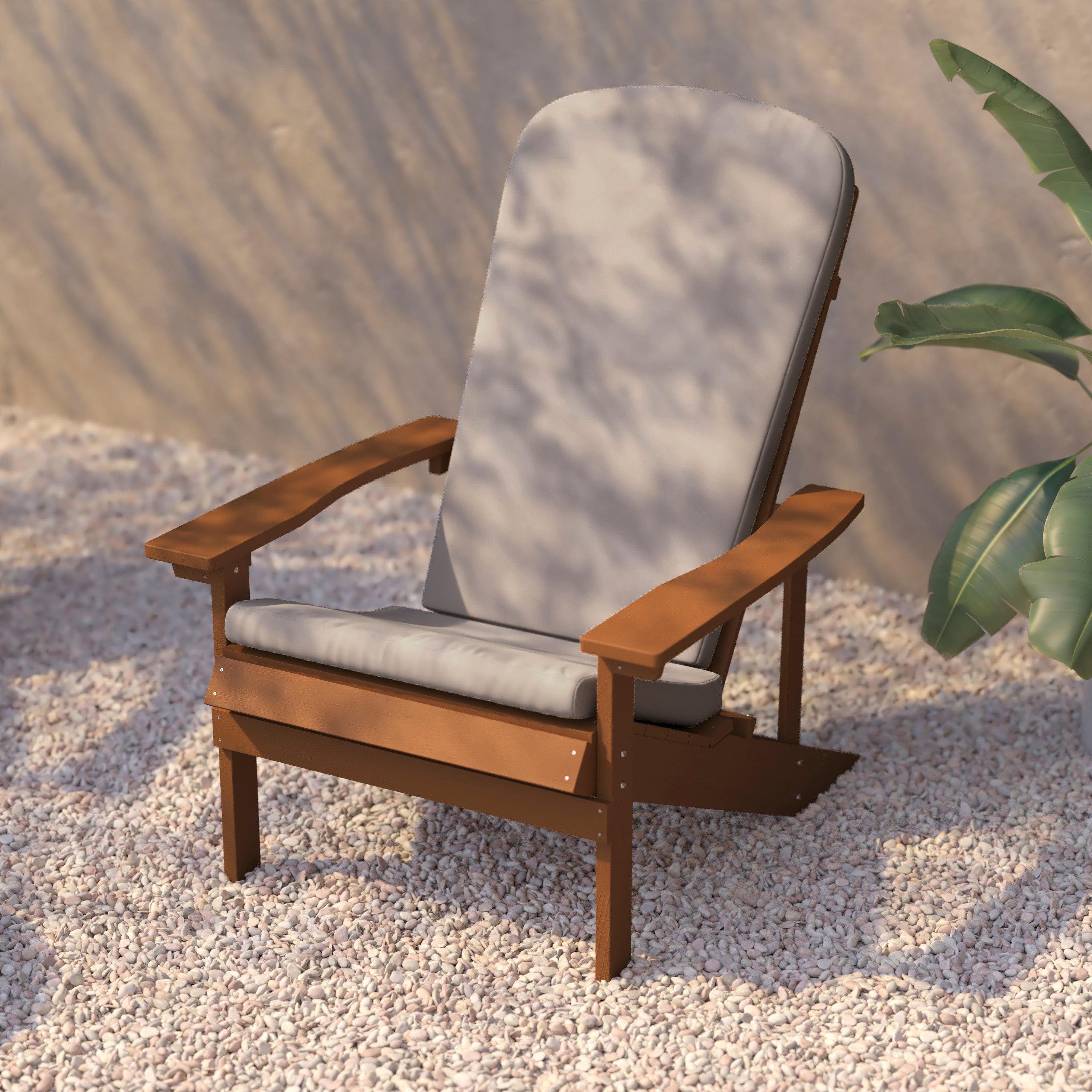 Charlestown Set of 2 All-Weather Poly Resin Wood Adirondack Chairs in Teak with Cream Cushions for Deck, Porch, and Patio