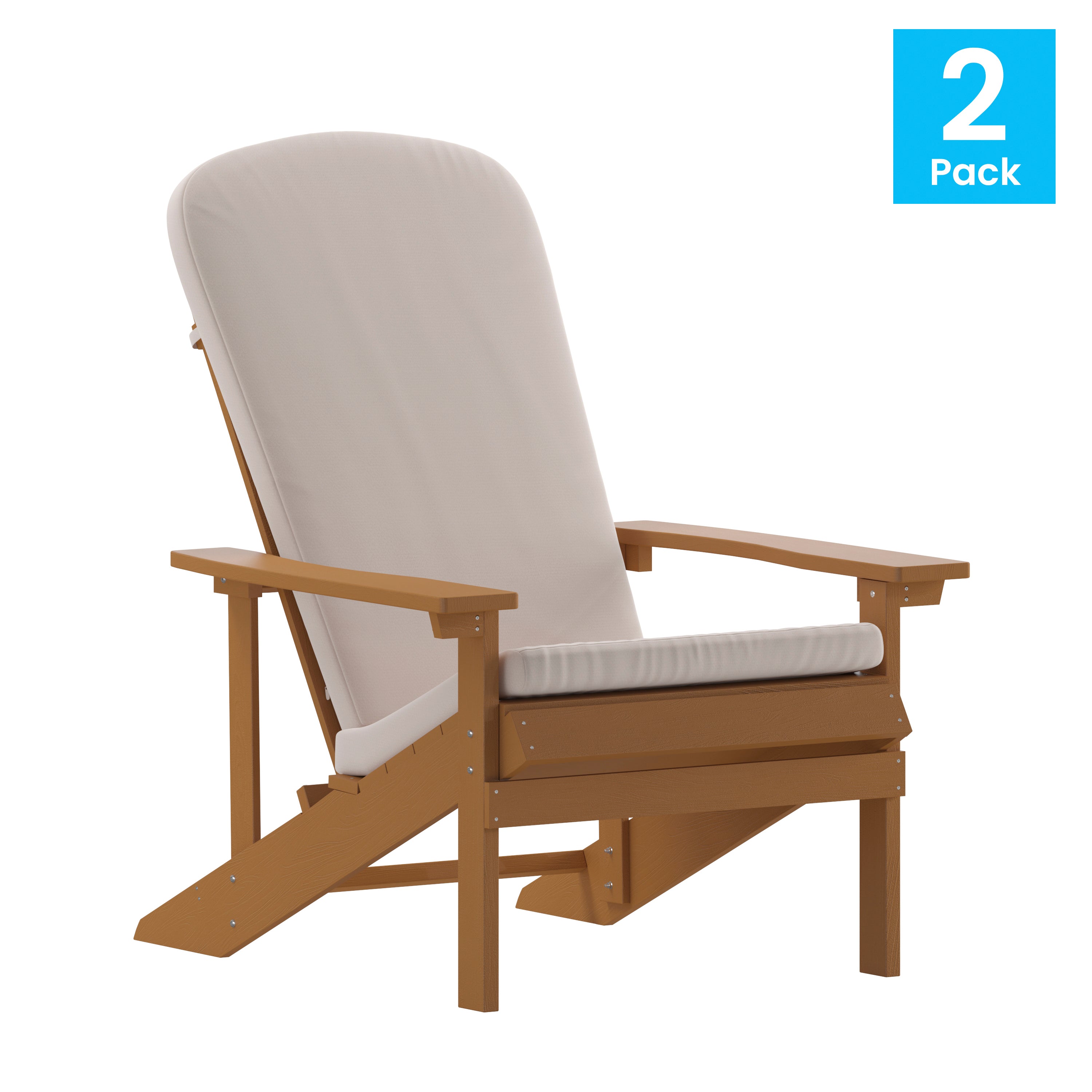 Charlestown Set of 2 All-Weather Poly Resin Wood Adirondack Chairs in Teak with Cream Cushions for Deck, Porch, and Patio