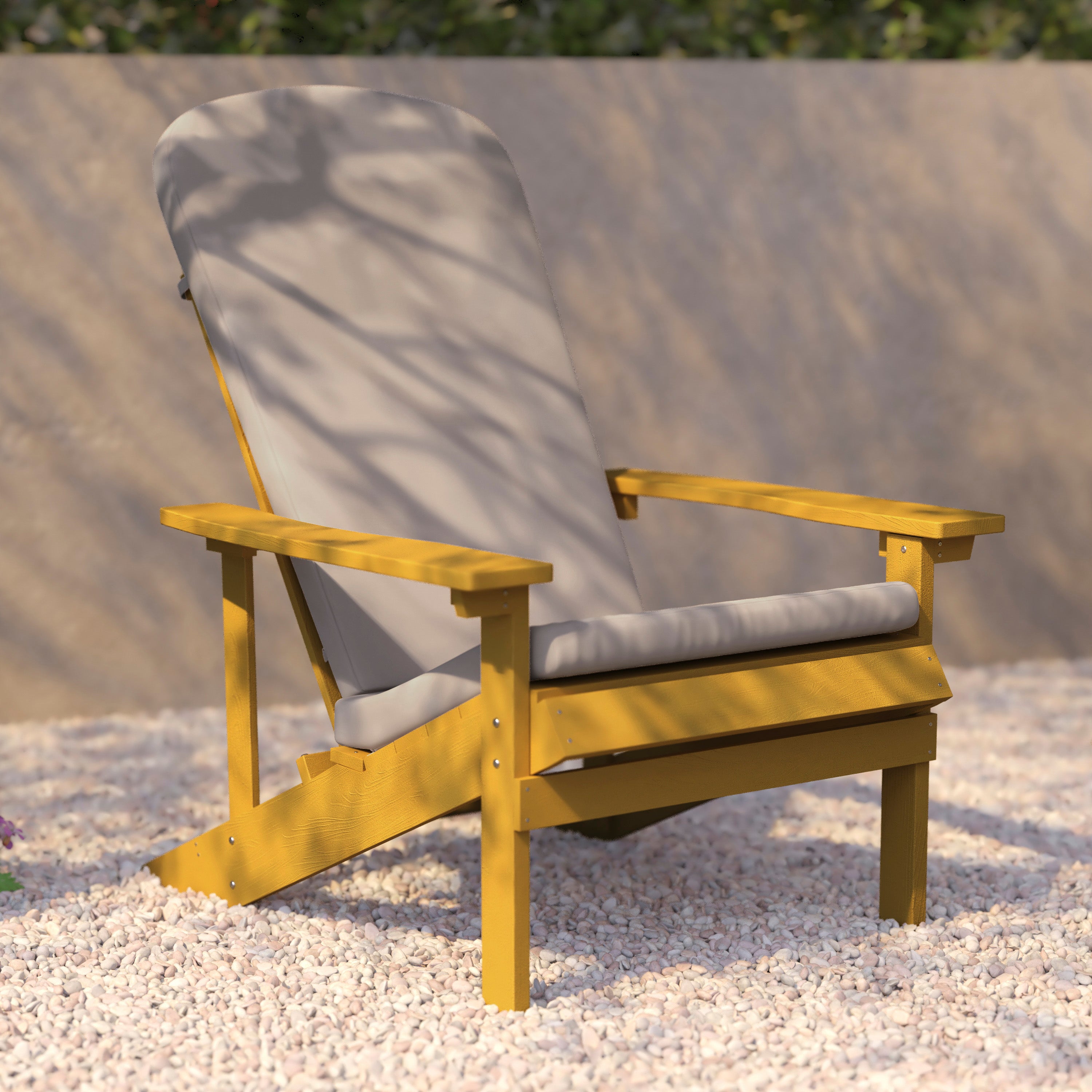 Charlestown Set of 2 All-Weather Poly Resin Wood Adirondack Chairs in Yellow with Cream Cushions for Deck, Porch, and Patio