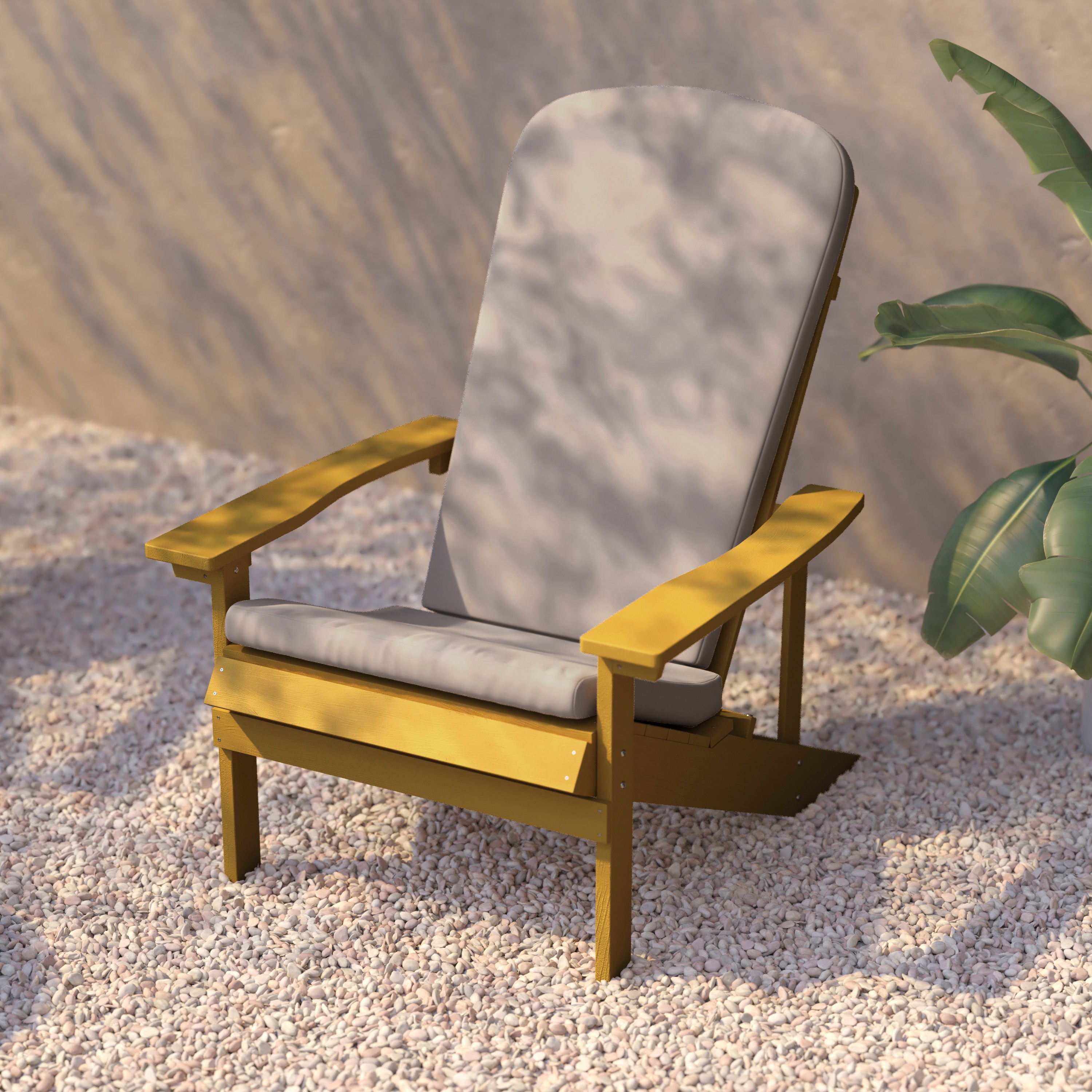 Charlestown Set of 2 All-Weather Poly Resin Wood Adirondack Chairs in Yellow with Cream Cushions for Deck, Porch, and Patio