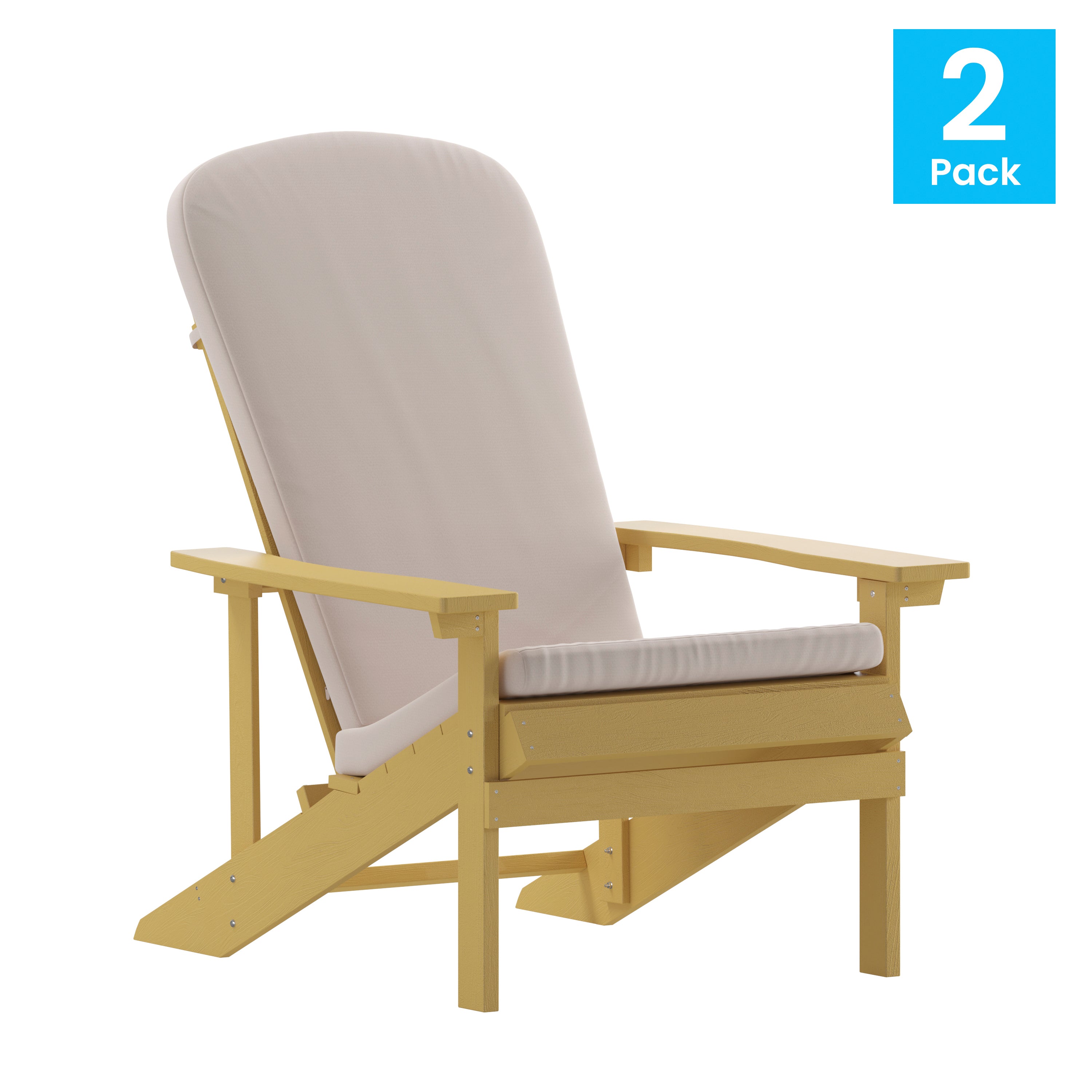 Charlestown Set of 2 All-Weather Poly Resin Wood Adirondack Chairs in Yellow with Cream Cushions for Deck, Porch, and Patio