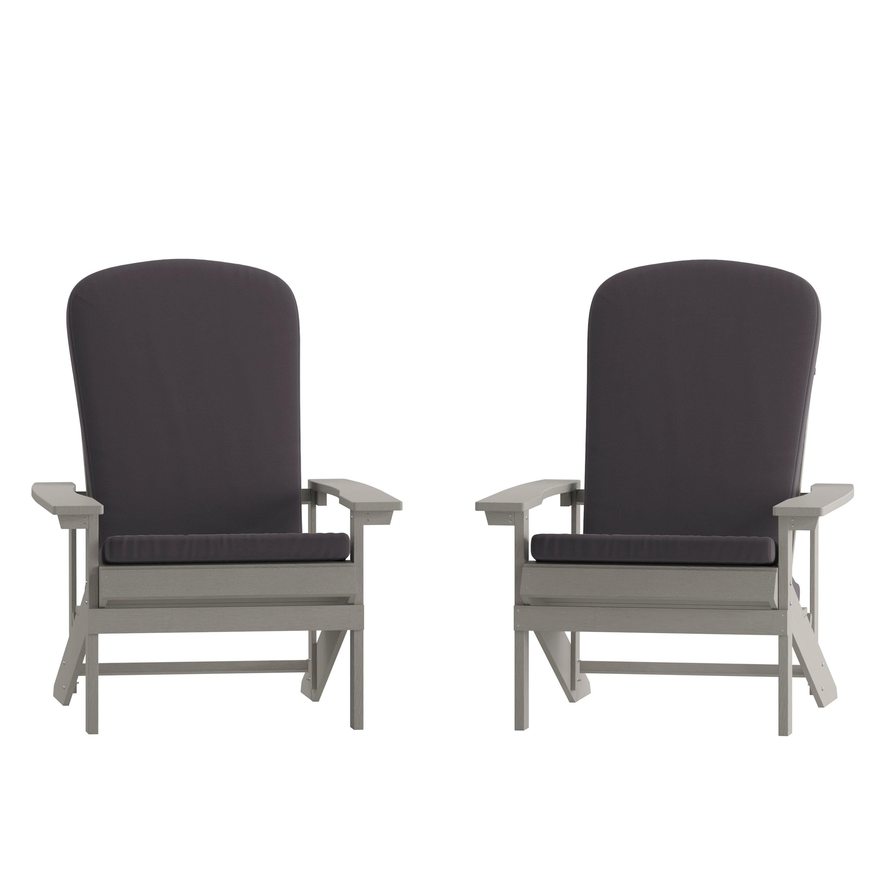 Charlestown Set of 2 All-Weather Poly Resin Wood Adirondack Chairs in Gray with Gray Cushions for Deck, Porch, and Patio